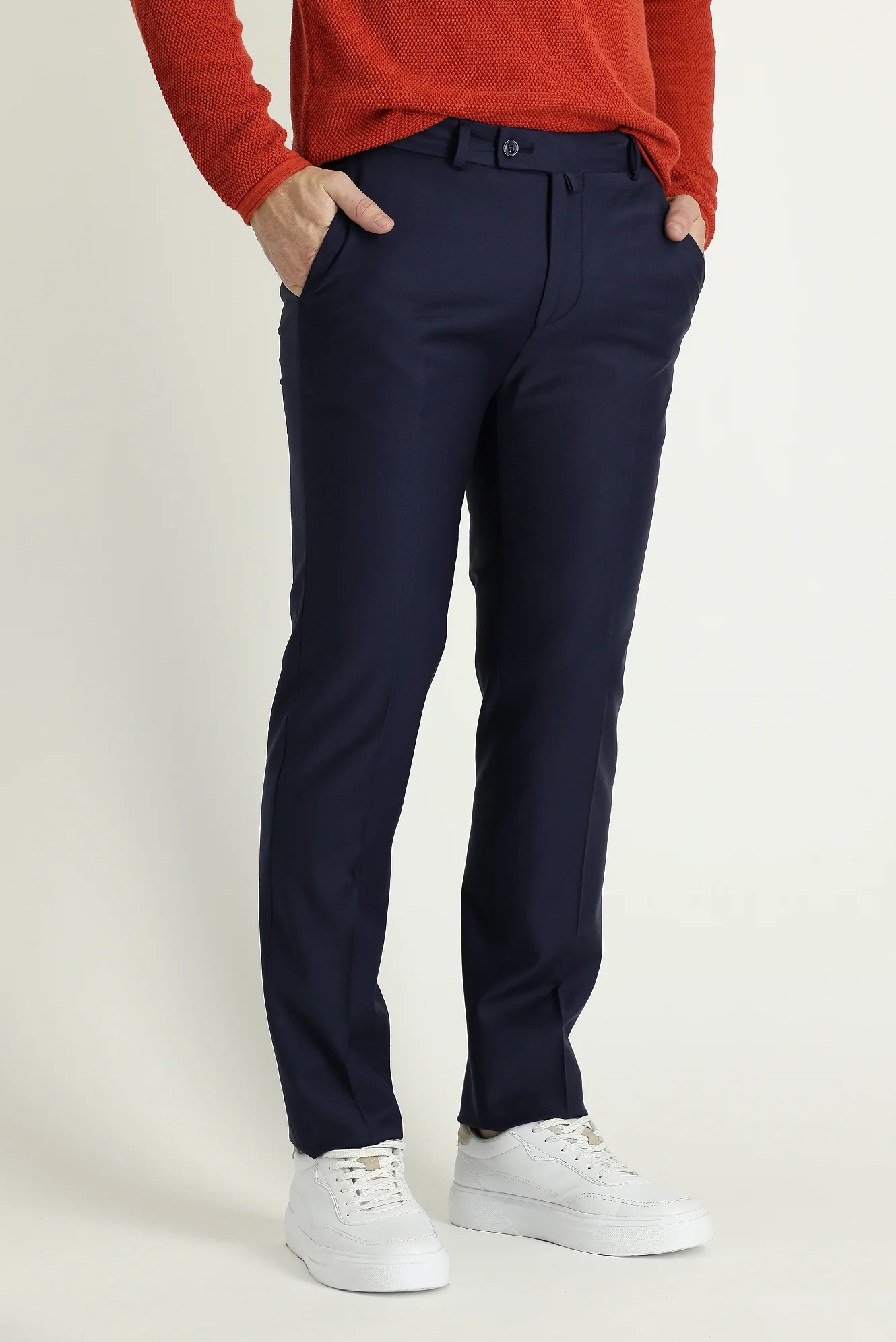 Orta Lacivert 7 Drop Slim Fit Dar Kesim Yünlü Klasik Kumaş Pantolon - Image 2