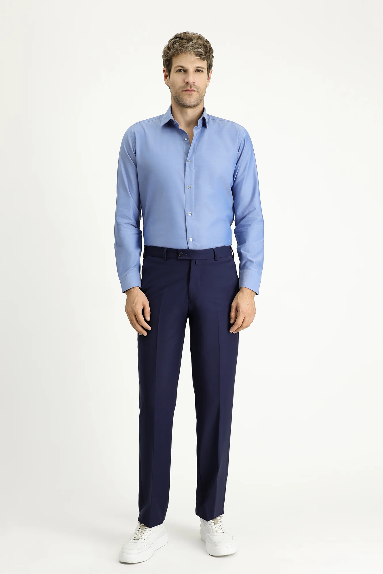Orta Lacivert 7 Drop Slim Fit Dar Kesim Yünlü Klasik Kumaş Pantolon - Image 3