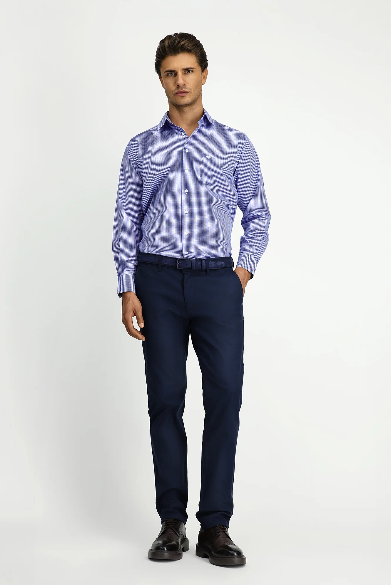 Orta Lacivert Slim Fit Dar Kesim Likralı Desenli Kanvas / Chino Pantolon