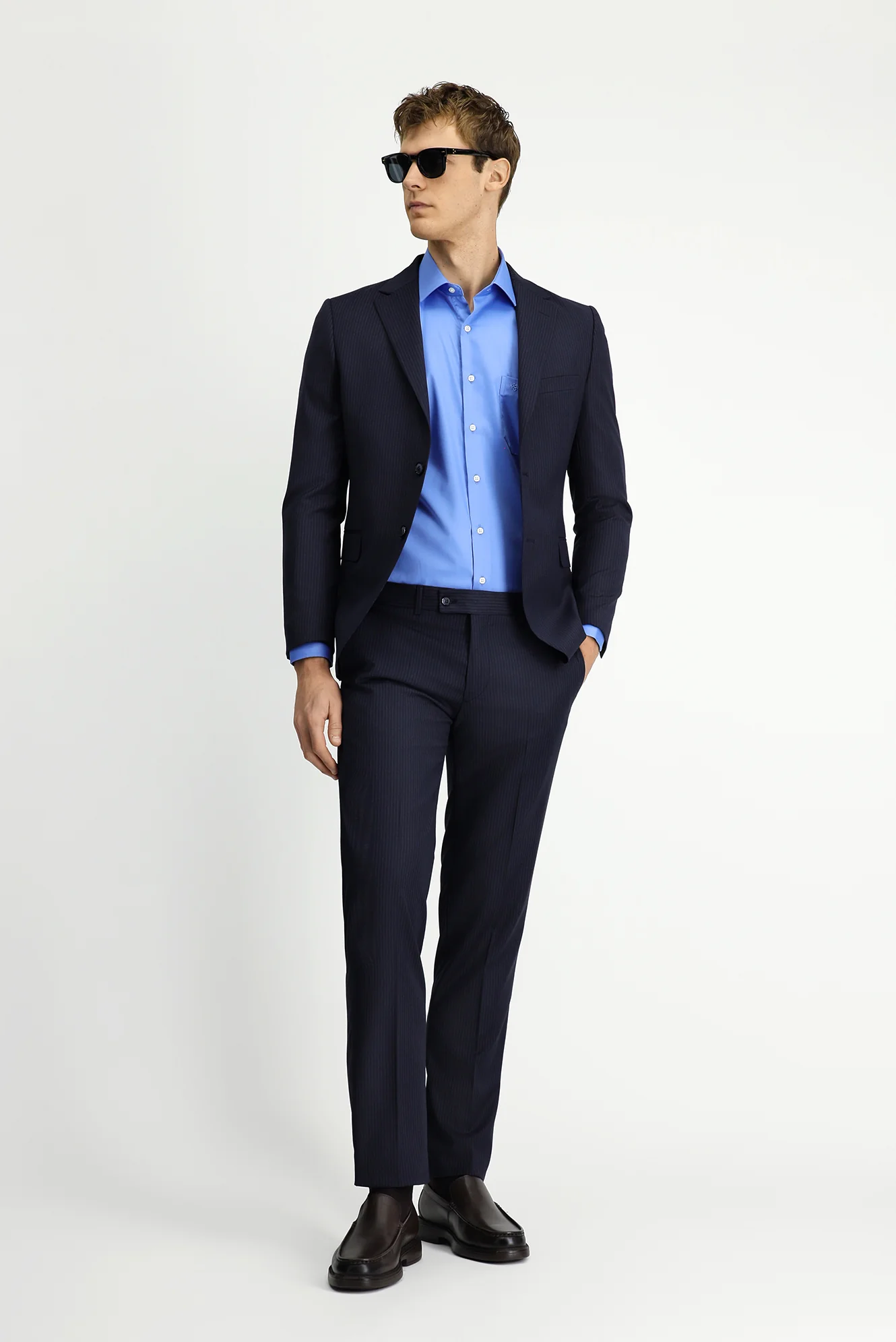Orta Lacivert 7 Drop Slim Fit Dar Kesim Yünlü Çizgili Takım Elbise