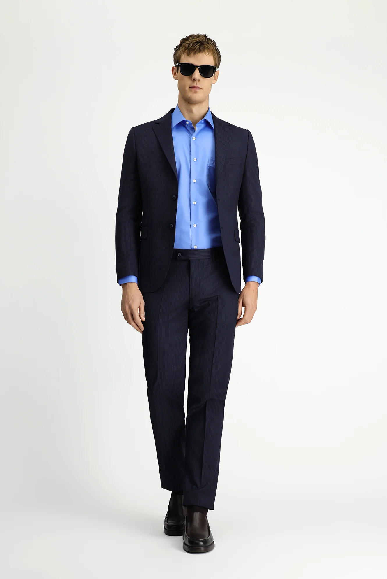 Orta Lacivert 7 Drop Slim Fit Dar Kesim Yünlü Çizgili Takım Elbise - Image 2