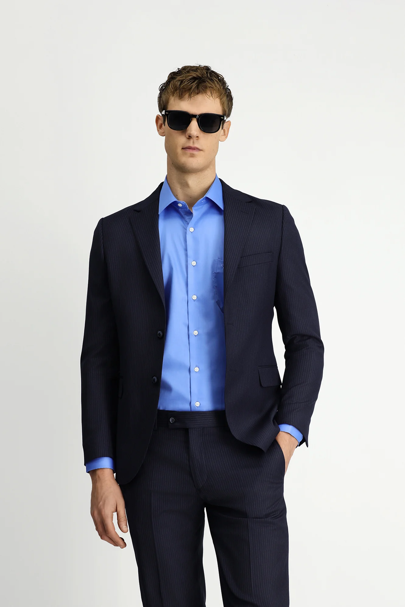 Orta Lacivert 7 Drop Slim Fit Dar Kesim Yünlü Çizgili Takım Elbise - Image 3