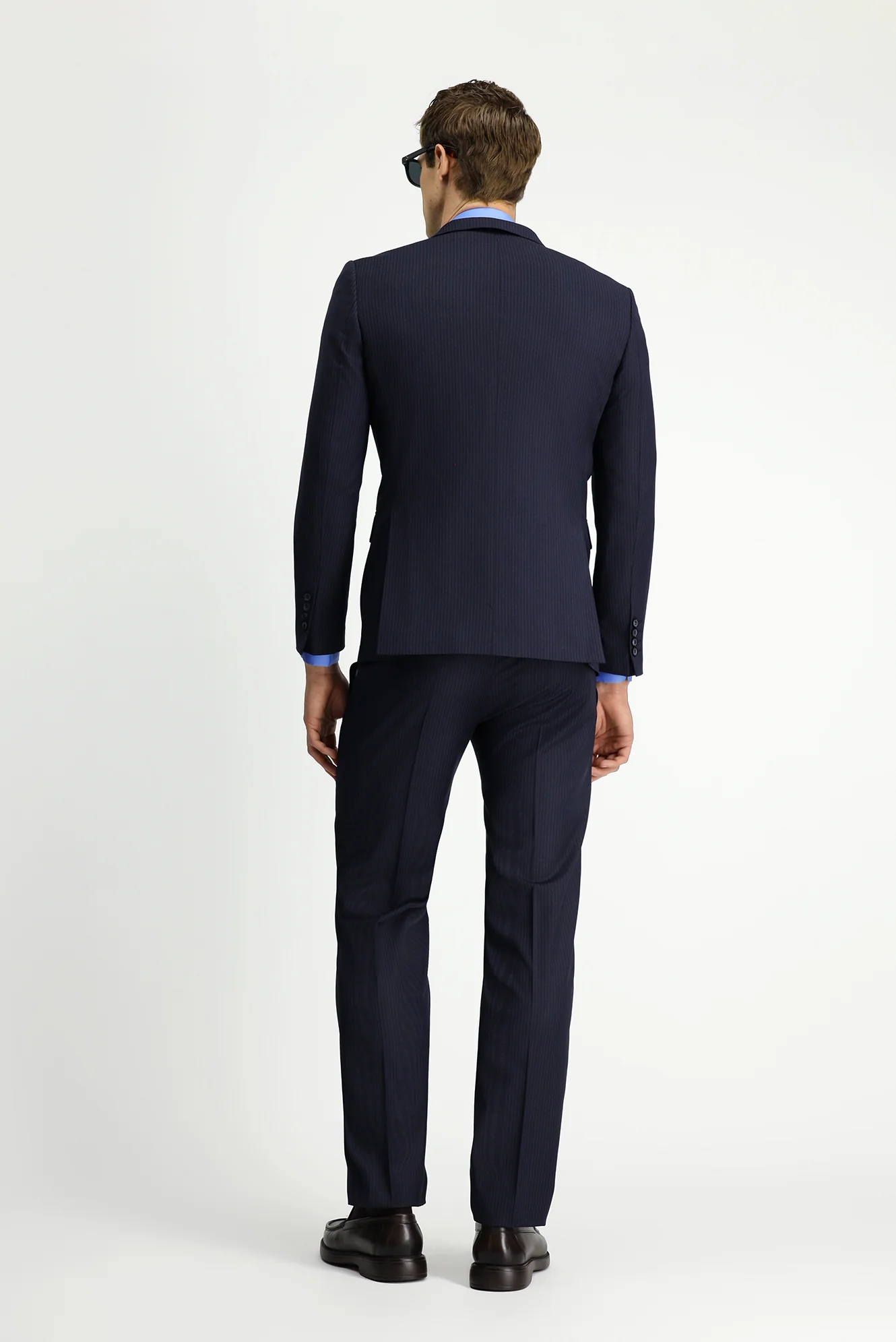 Orta Lacivert 7 Drop Slim Fit Dar Kesim Yünlü Çizgili Takım Elbise - Image 5