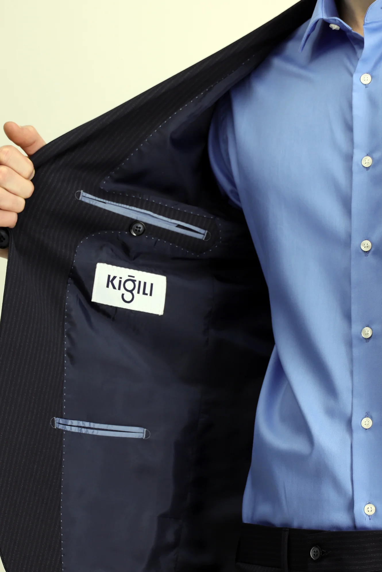 Orta Lacivert 7 Drop Slim Fit Dar Kesim Yünlü Çizgili Takım Elbise - Image 6