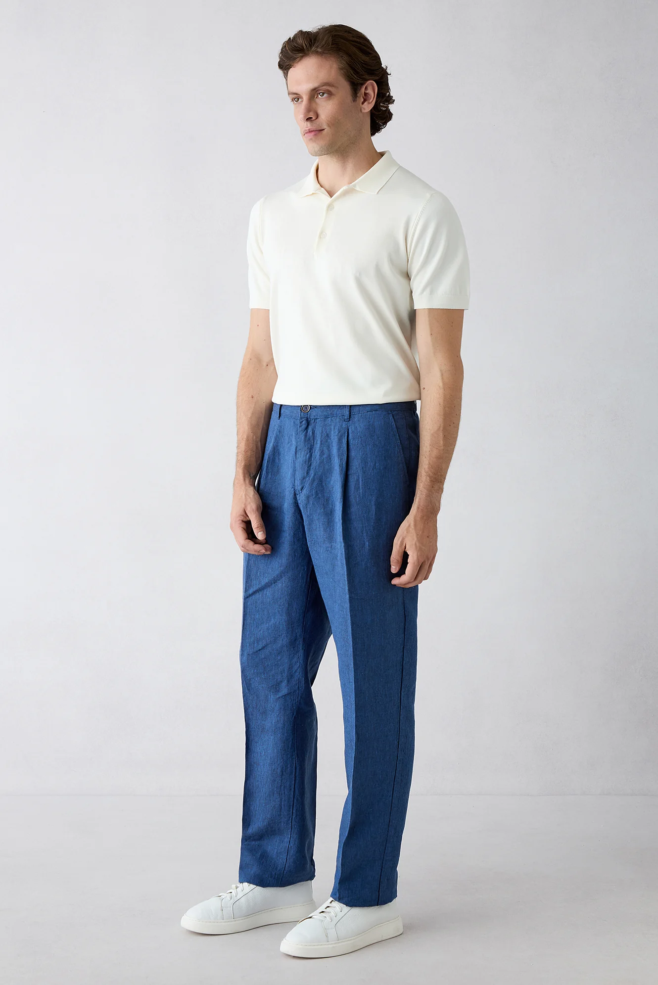 Orta Lacivert Straight Wide Leg Yan Cepli %100 Keten Pantolon - Image 2