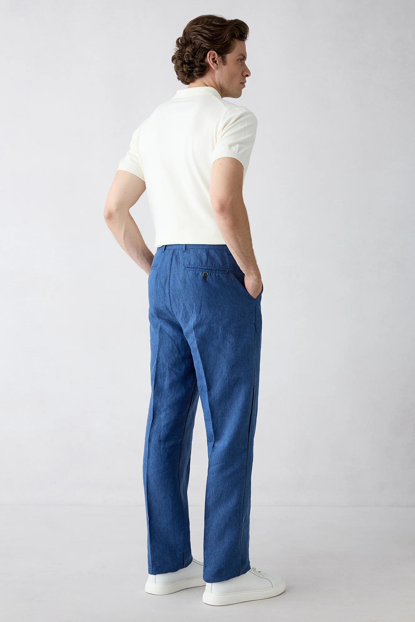 Orta Lacivert Straight Wide Leg Yan Cepli %100 Keten Pantolon - Image 5