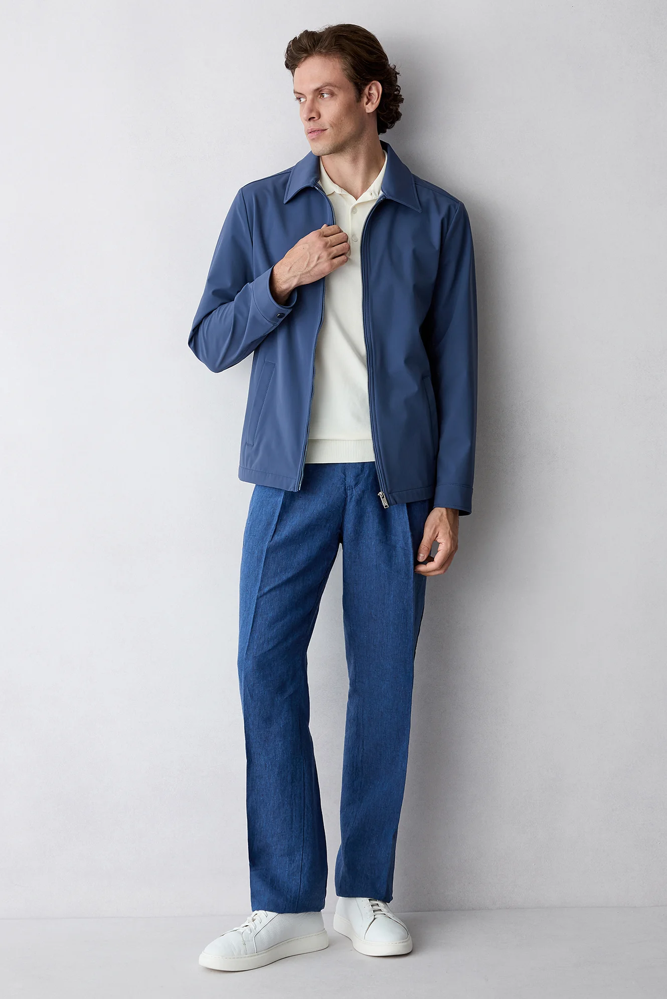 Orta Lacivert Straight Wide Leg Yan Cepli %100 Keten Pantolon - Image 6
