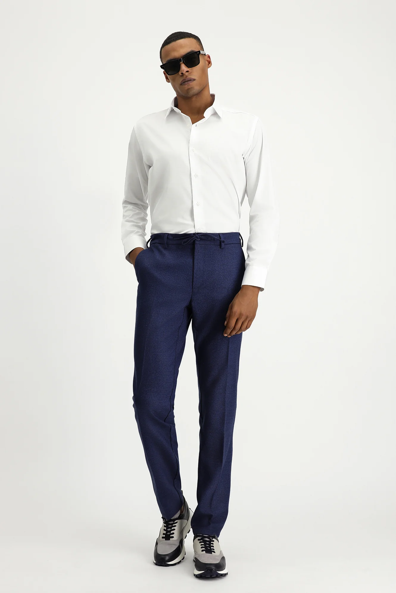 Orta Lacivert 7 Drop Super Slim Fit Eksra Dar Kesim Beli Lastikli İpli Desenli Likralı Klasik Kumaş Pantolon