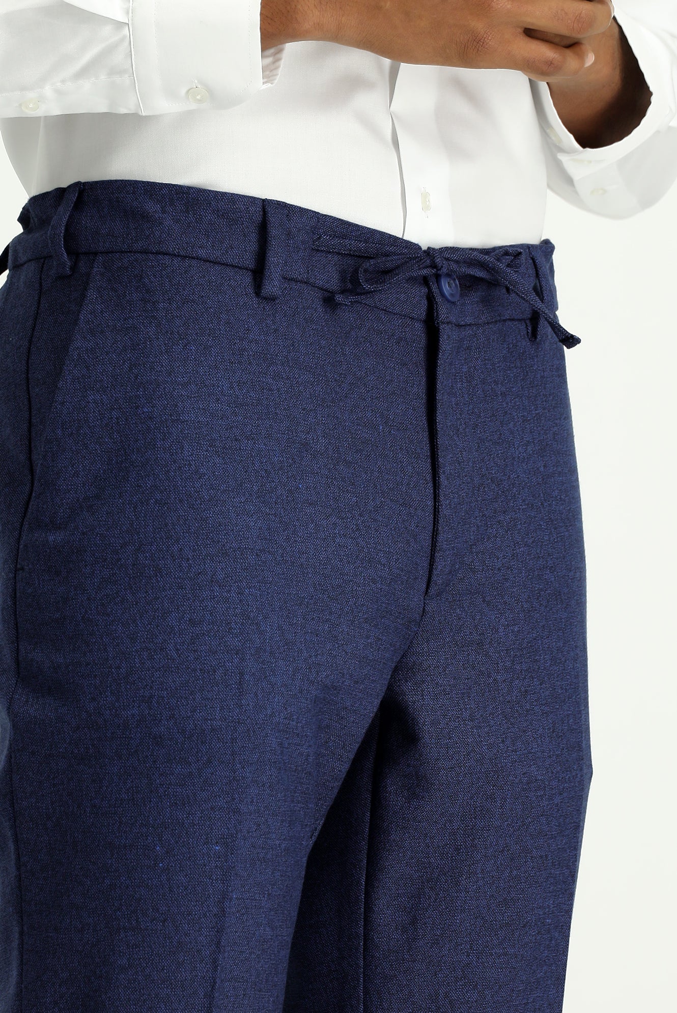 Orta Lacivert 7 Drop Super Slim Fit Eksra Dar Kesim Beli Lastikli İpli Desenli Likralı Klasik Kumaş Pantolon - Image 3