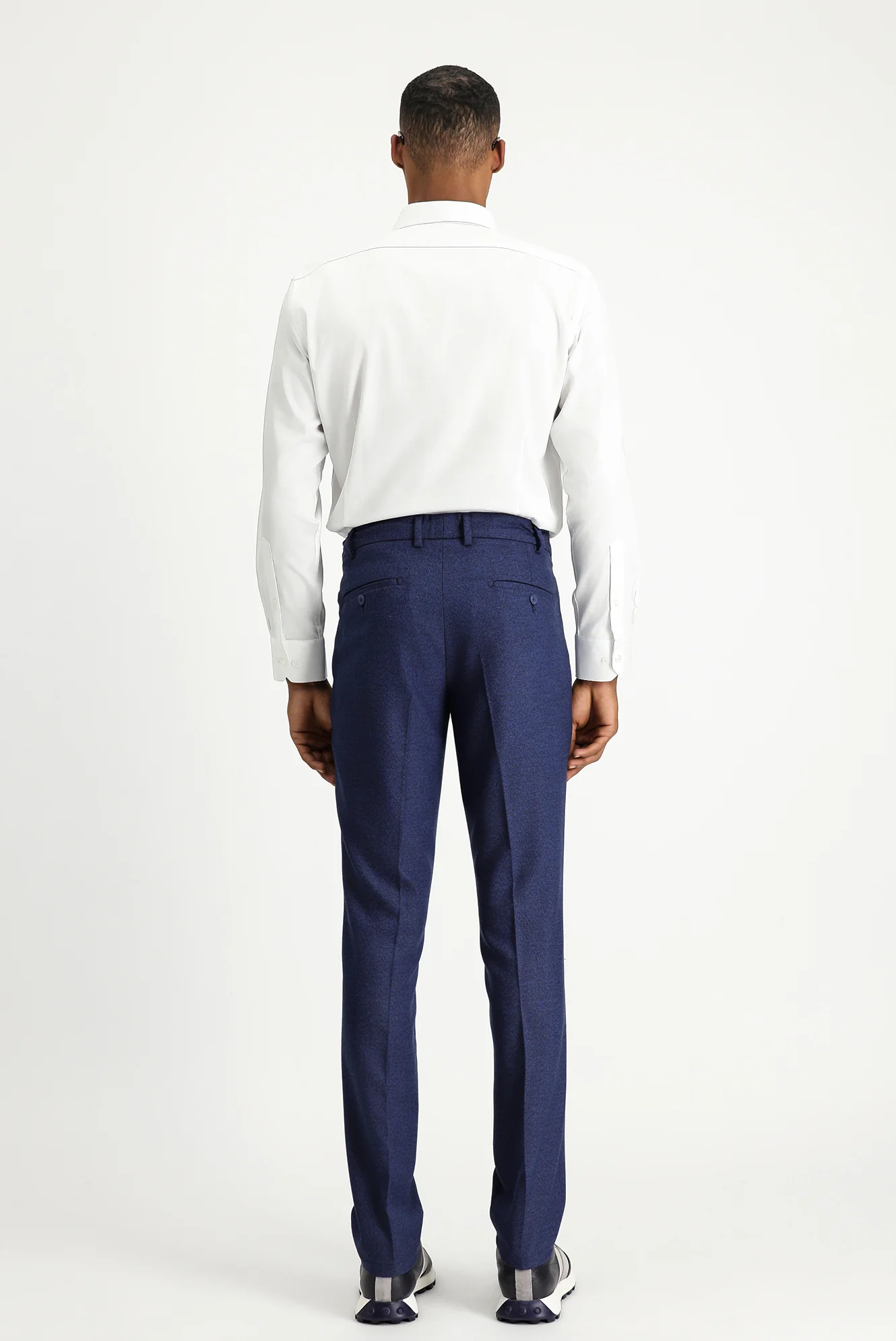 Orta Lacivert 7 Drop Super Slim Fit Eksra Dar Kesim Beli Lastikli İpli Desenli Likralı Klasik Kumaş Pantolon - Image 4