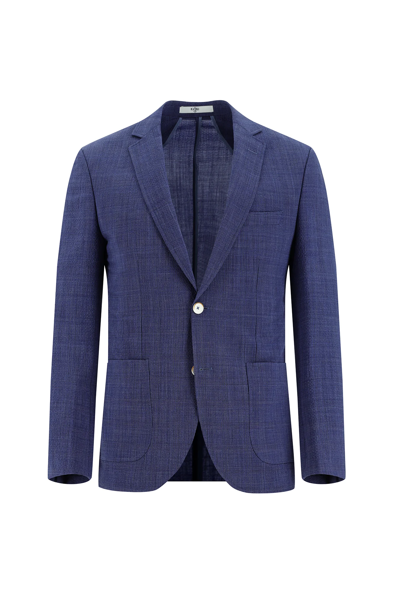 Orta Lacivert 7 Drop Super Slim Fit Eksra Dar Kesim Beli Lastikli İpli Ekose Yünlü Gofre Takım Elbise - Image 2