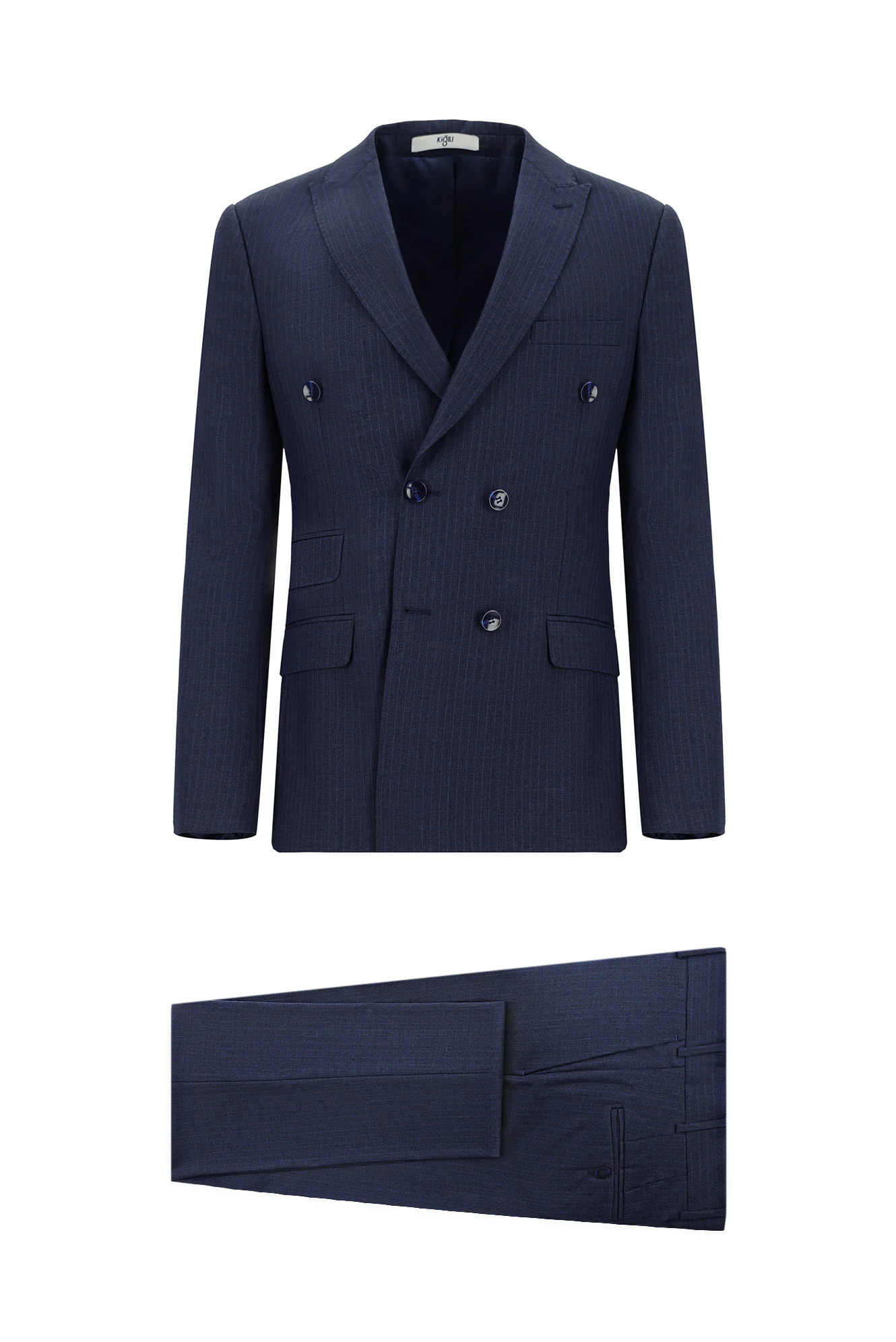 Orta Lacivert 7 Drop Super Slim Fit Eksra Dar Kesim Çizgili Kruvaze Takım Elbise