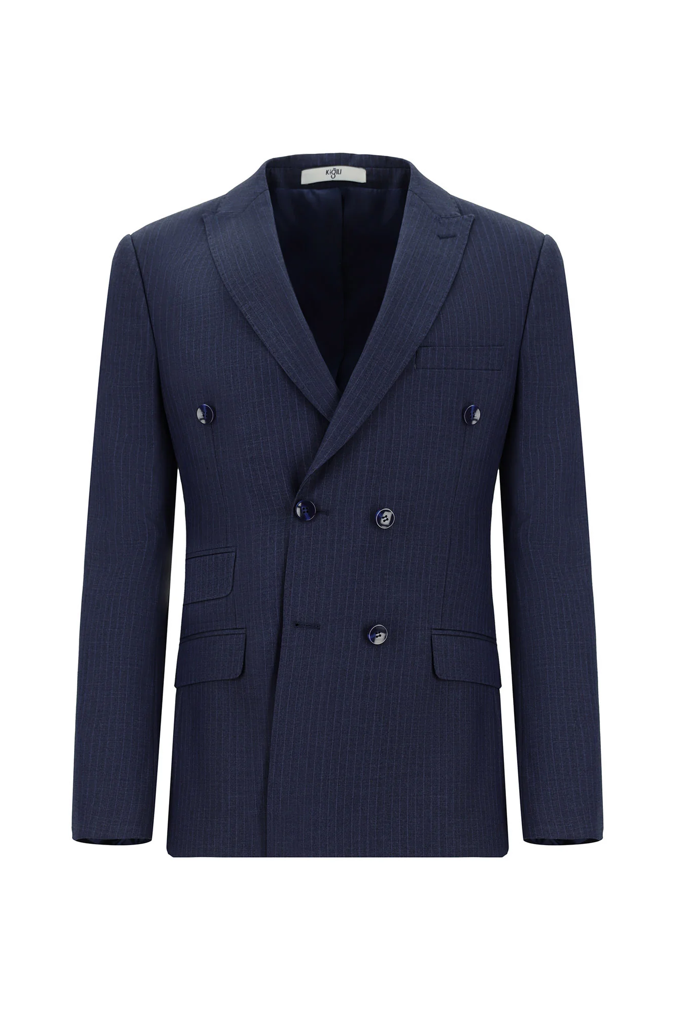 Orta Lacivert 7 Drop Super Slim Fit Eksra Dar Kesim Çizgili Kruvaze Takım Elbise - Image 2