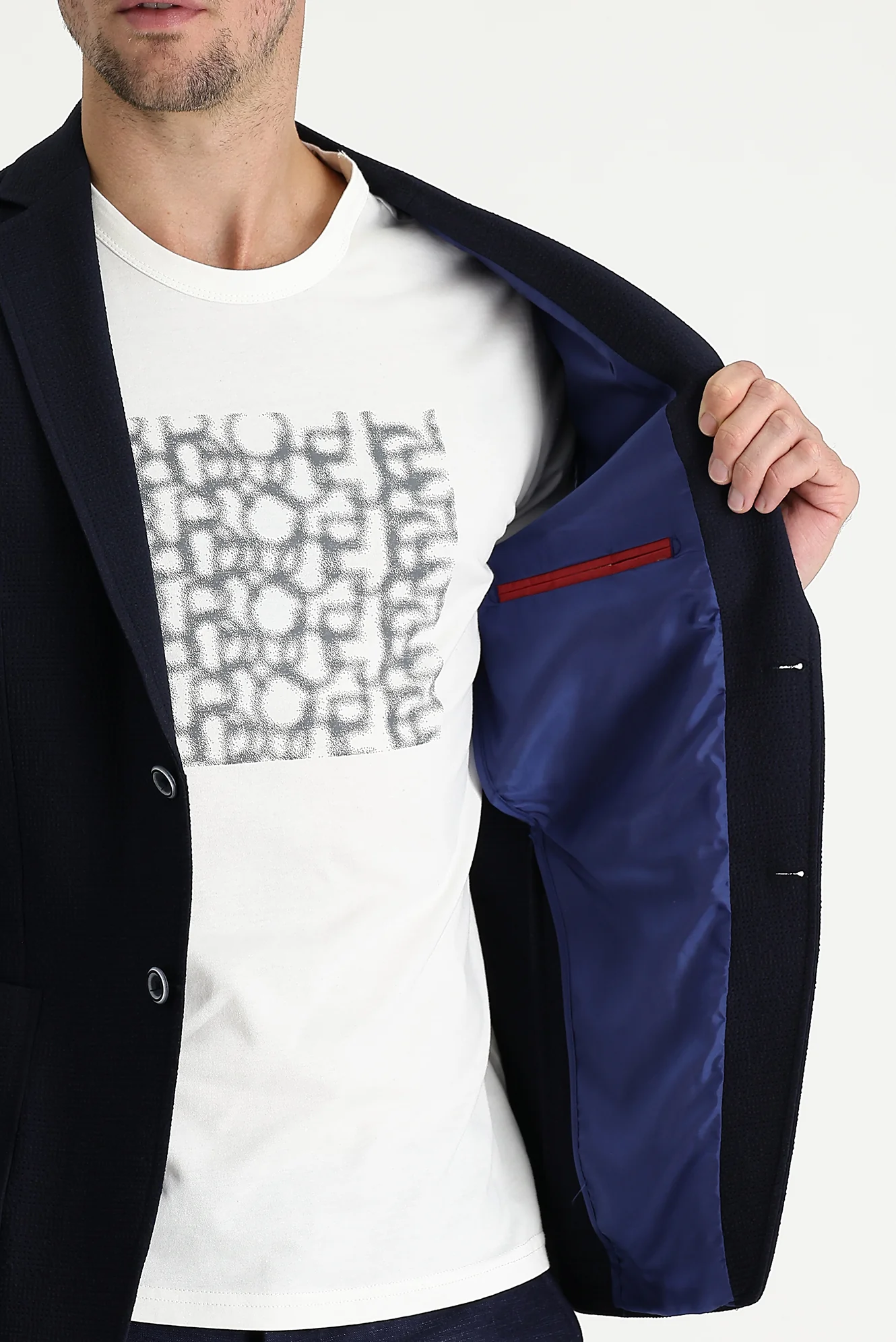 Orta Lacivert 7 Drop Super Slim Fit Eksra Dar Kesim Desenli Spor Ceket - Image 4