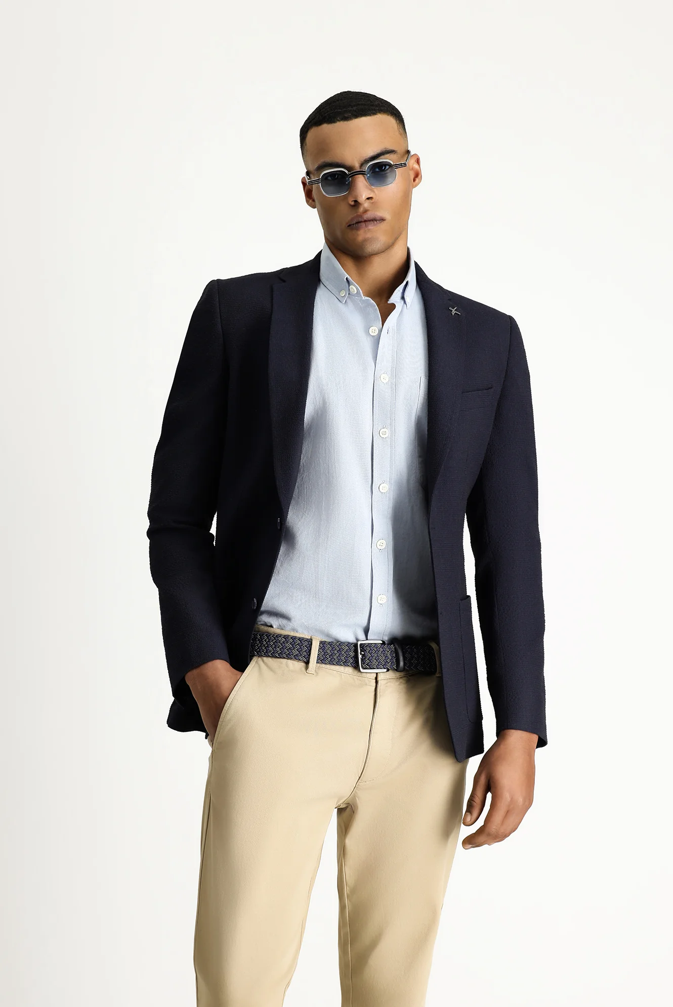 Orta Lacivert 7 Drop Super Slim Fit Eksra Dar Kesim Gofre Ceket - Image 3
