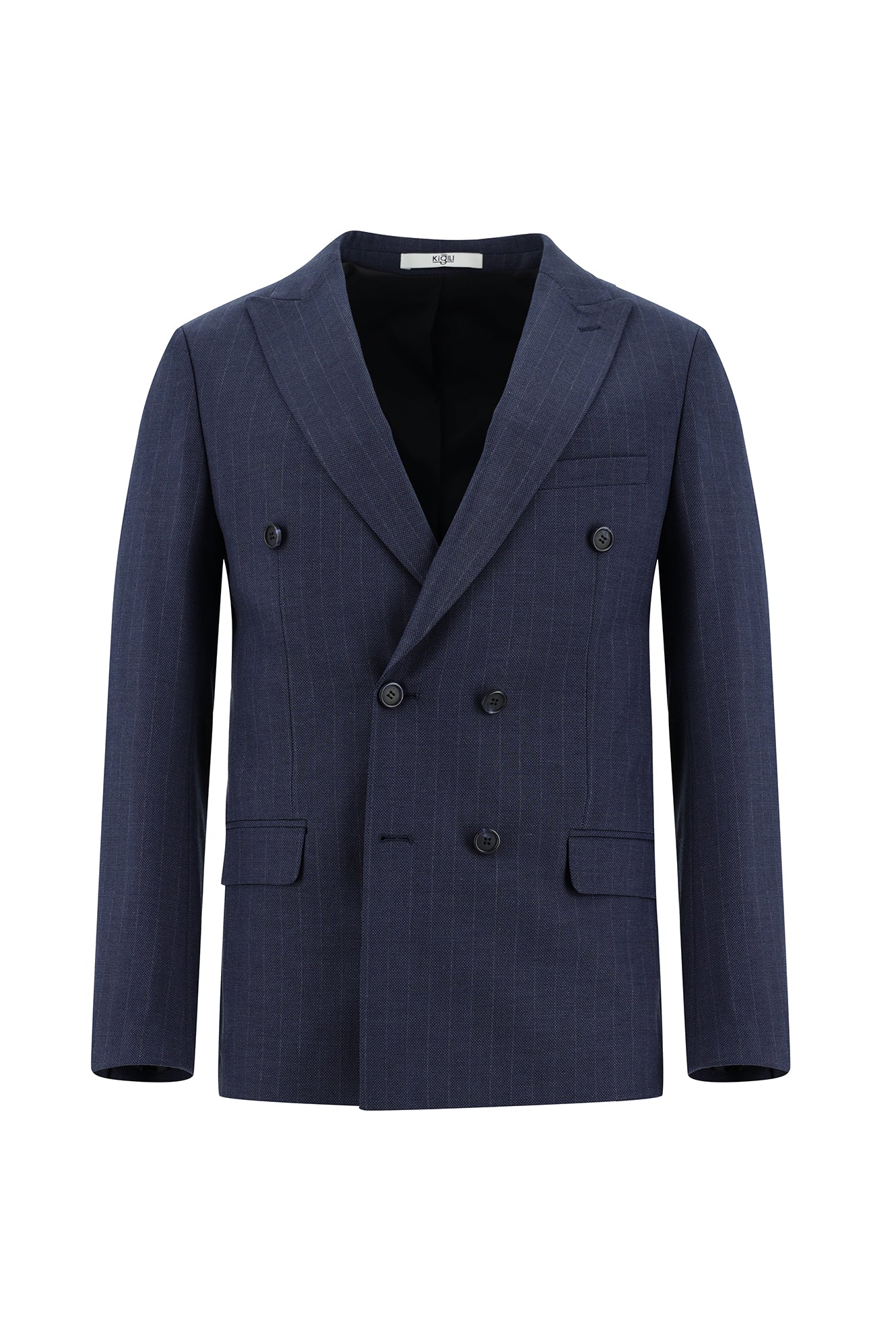Orta Lacivert 7 Drop Super Slim Fit Eksra Dar Kesim Fit Kruvaze Çizgili Takım Elbise - Image 2