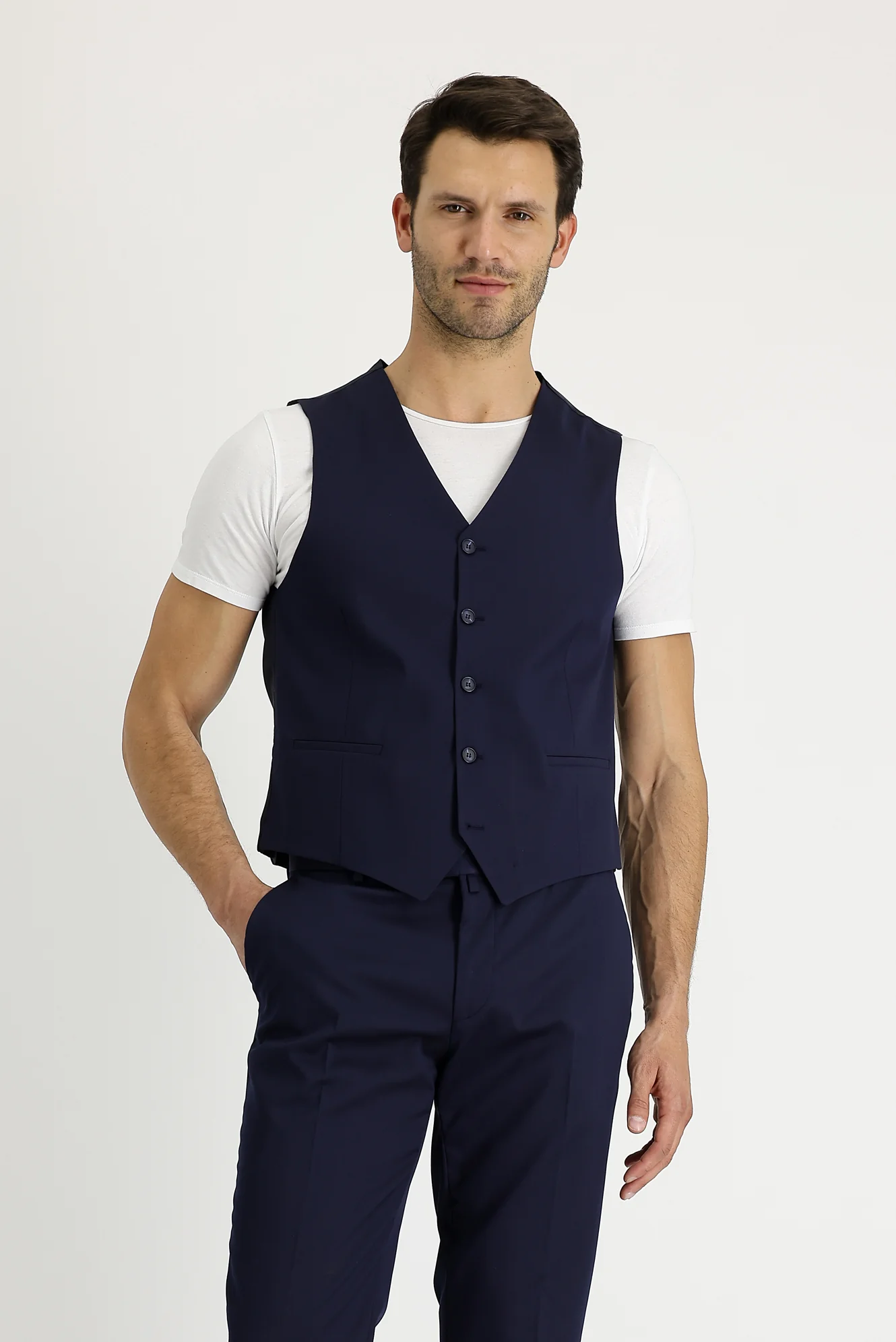 Orta Lacivert 7 Drop Super Slim Fit Eksra Dar Kesim Yelekli Takım Elbise - Image 3