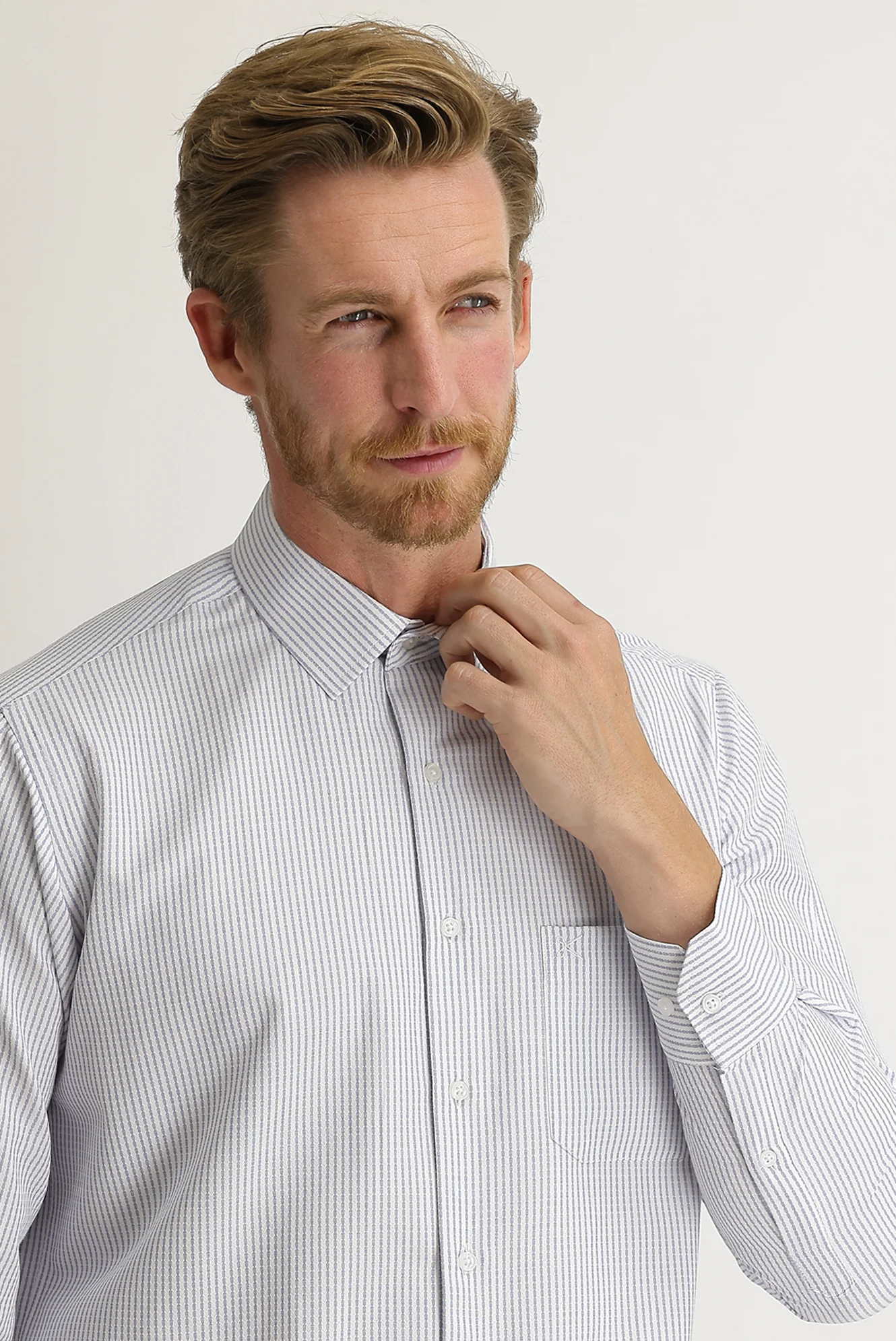 Orta Lacivert Uzun Kol Çizgili Klasik Gömlek - Image 4