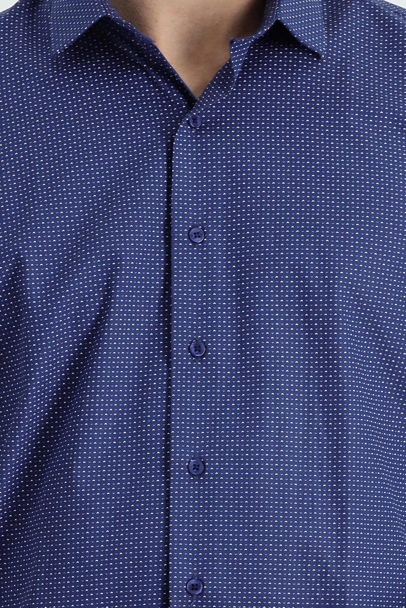Orta Lacivert Uzun Kol Slim Fit Dar Kesim Baskılı Pamuk Gömlek - Image 3