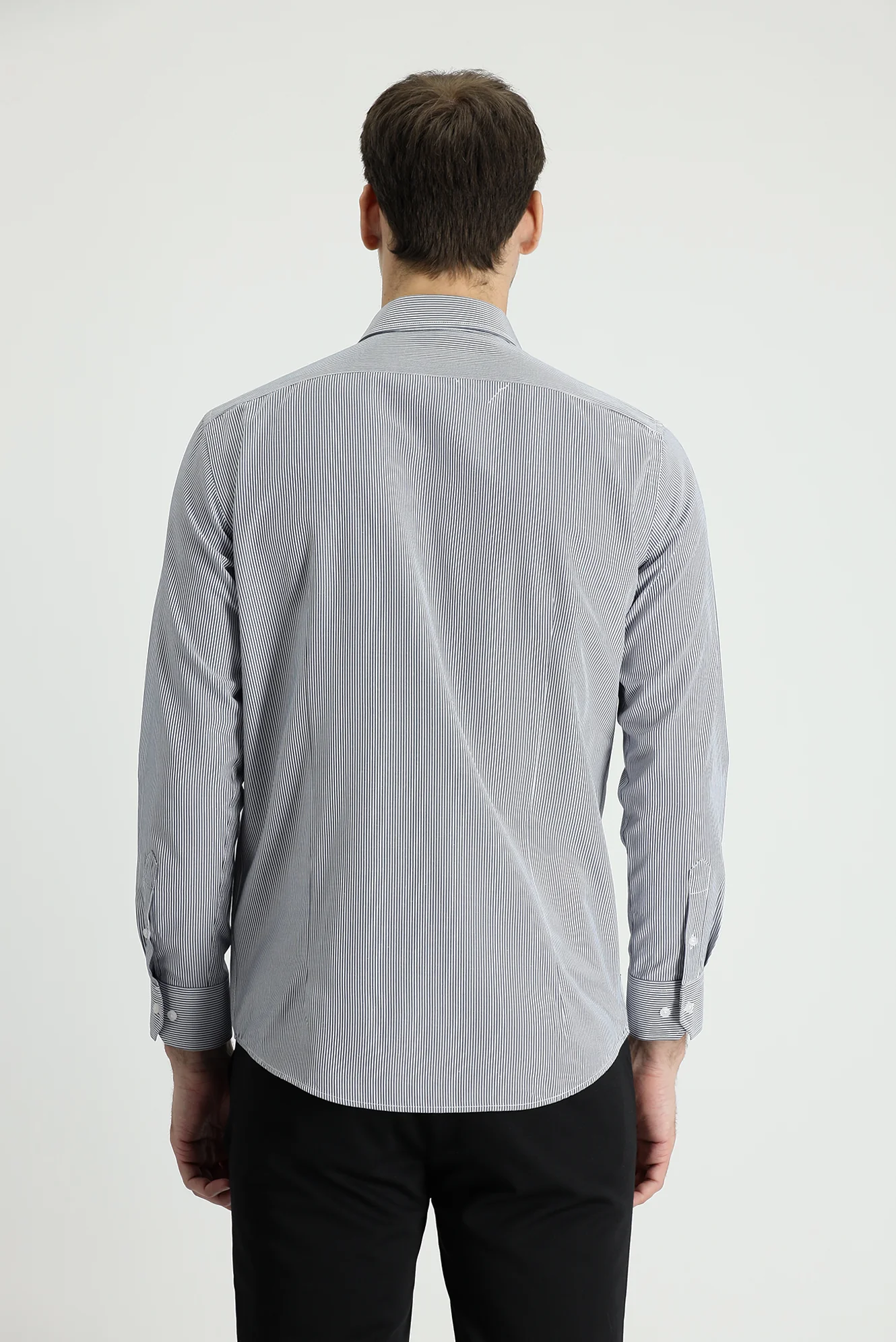 Orta Lacivert Uzun Kol Slim Fit Dar Kesim Çizgili Pamuklu Kolay Ütülenebilir Gömlek - Image 3