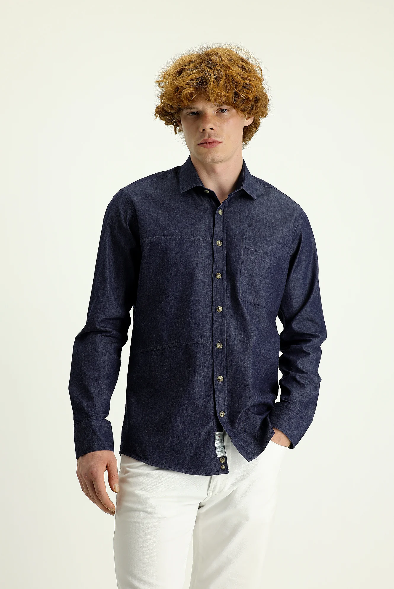 Orta Lacivert Uzun Kol Slim Fit Dar Kesim Denim Pamuk Gömlek - Image 3