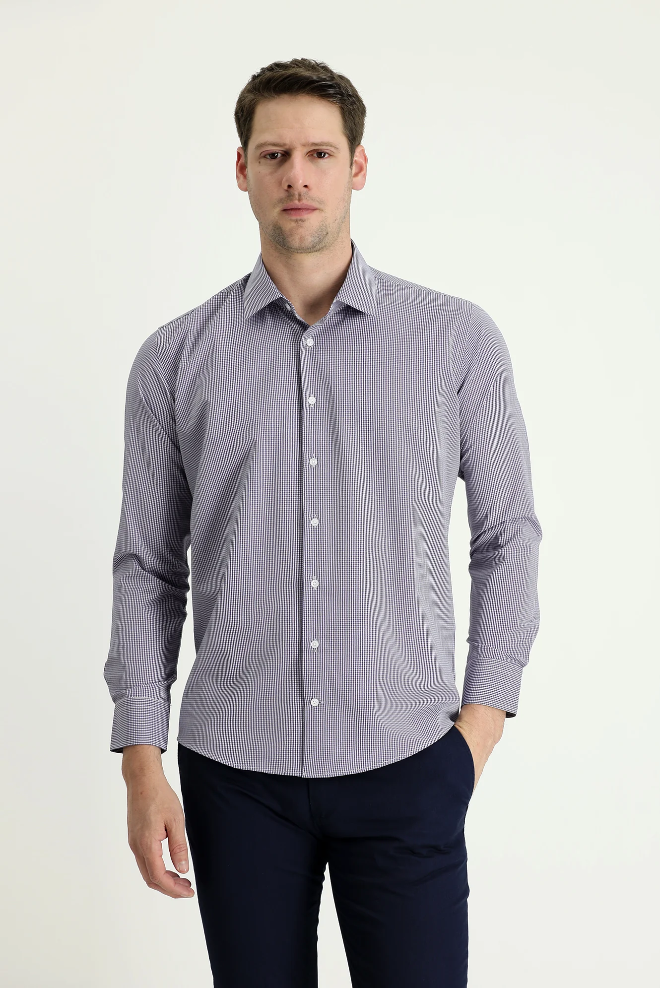 Orta Lacivert Uzun Kol Slim Fit Dar Kesim Desenli Pamuklu Kolay Ütülenebilir Gömlek