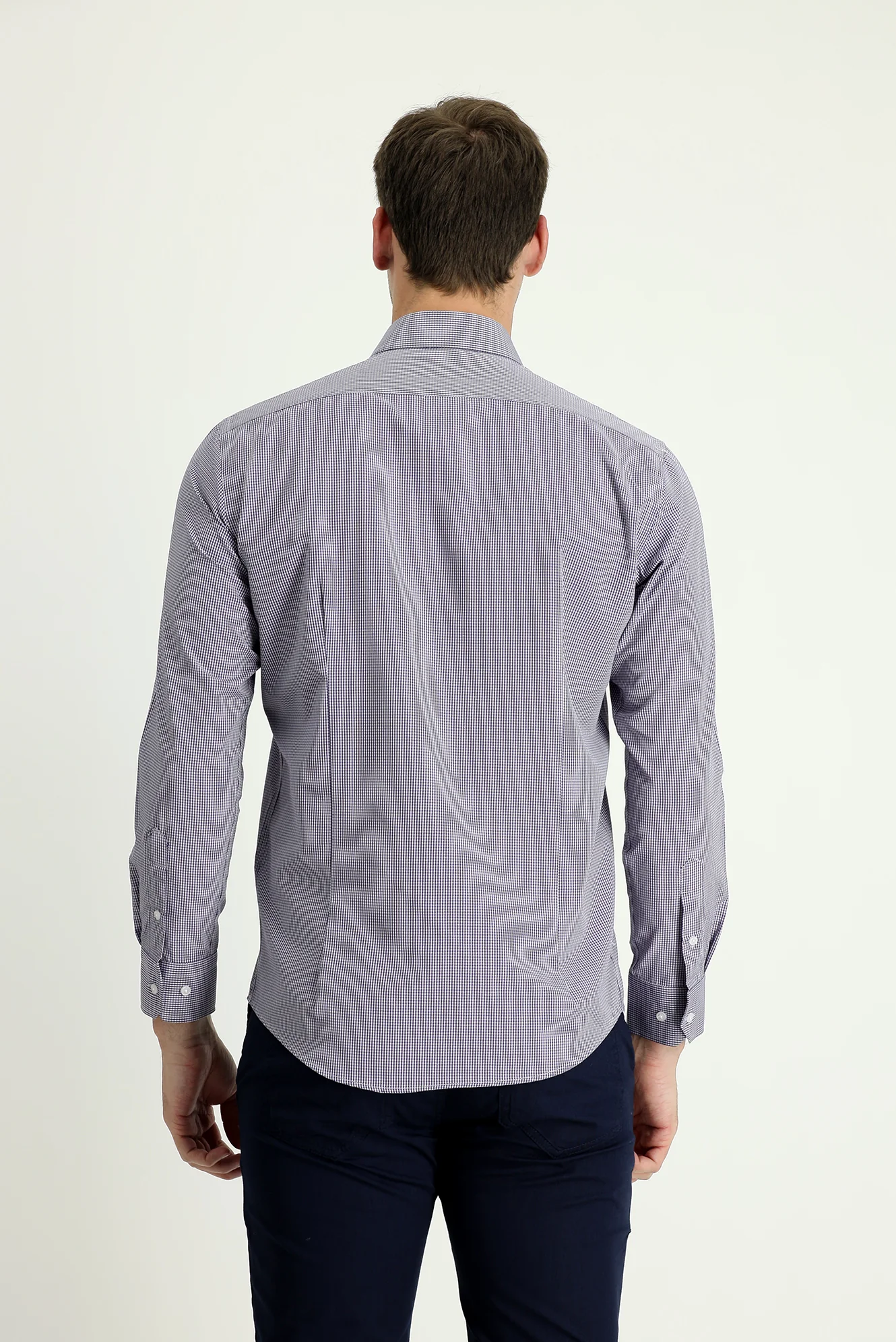 Orta Lacivert Uzun Kol Slim Fit Dar Kesim Desenli Pamuklu Kolay Ütülenebilir Gömlek - Image 3