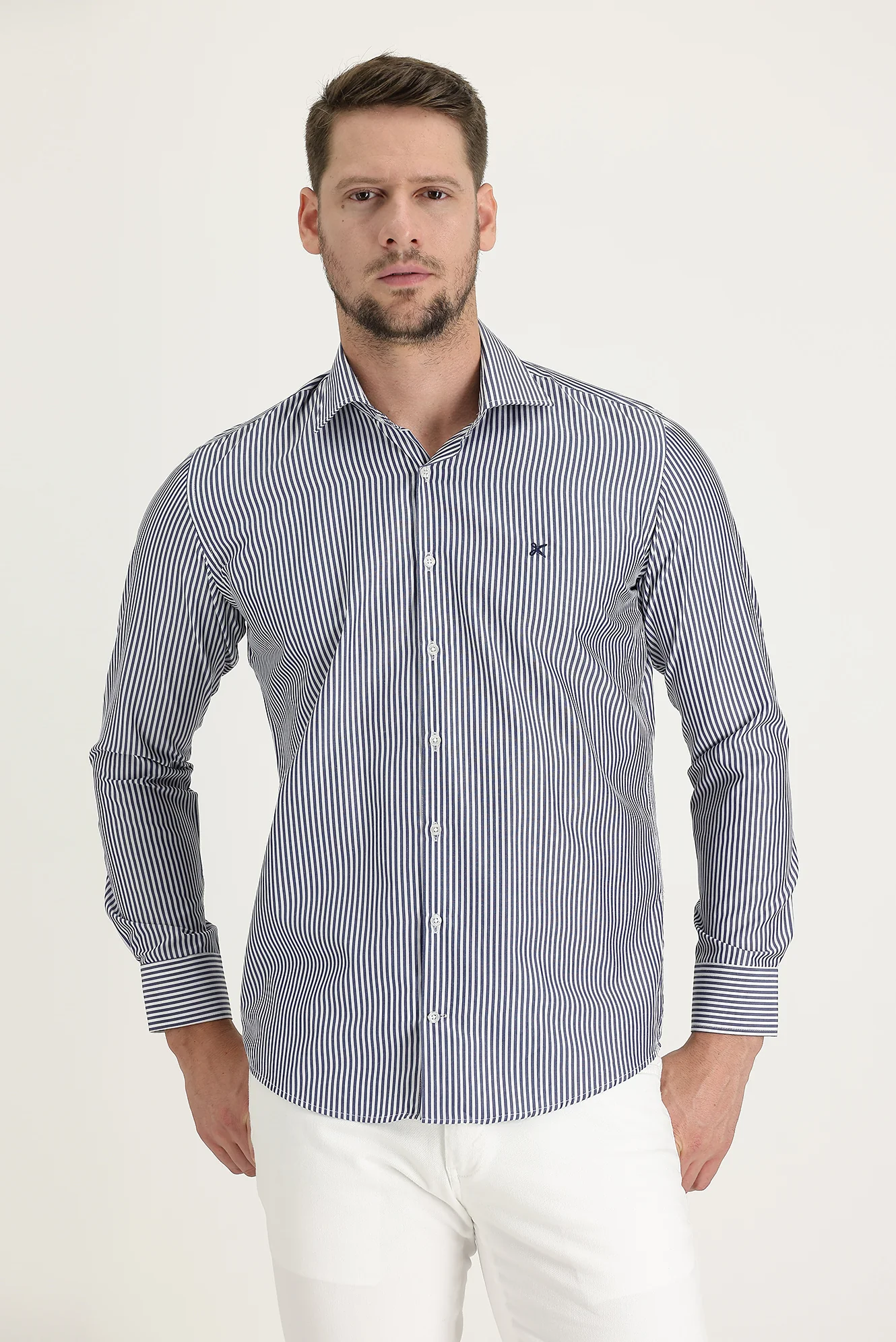 Orta Lacivert Uzun Kol Slim Fit Dar Kesim Klasik Çizgili Pamuklu Gömlek - Image 2