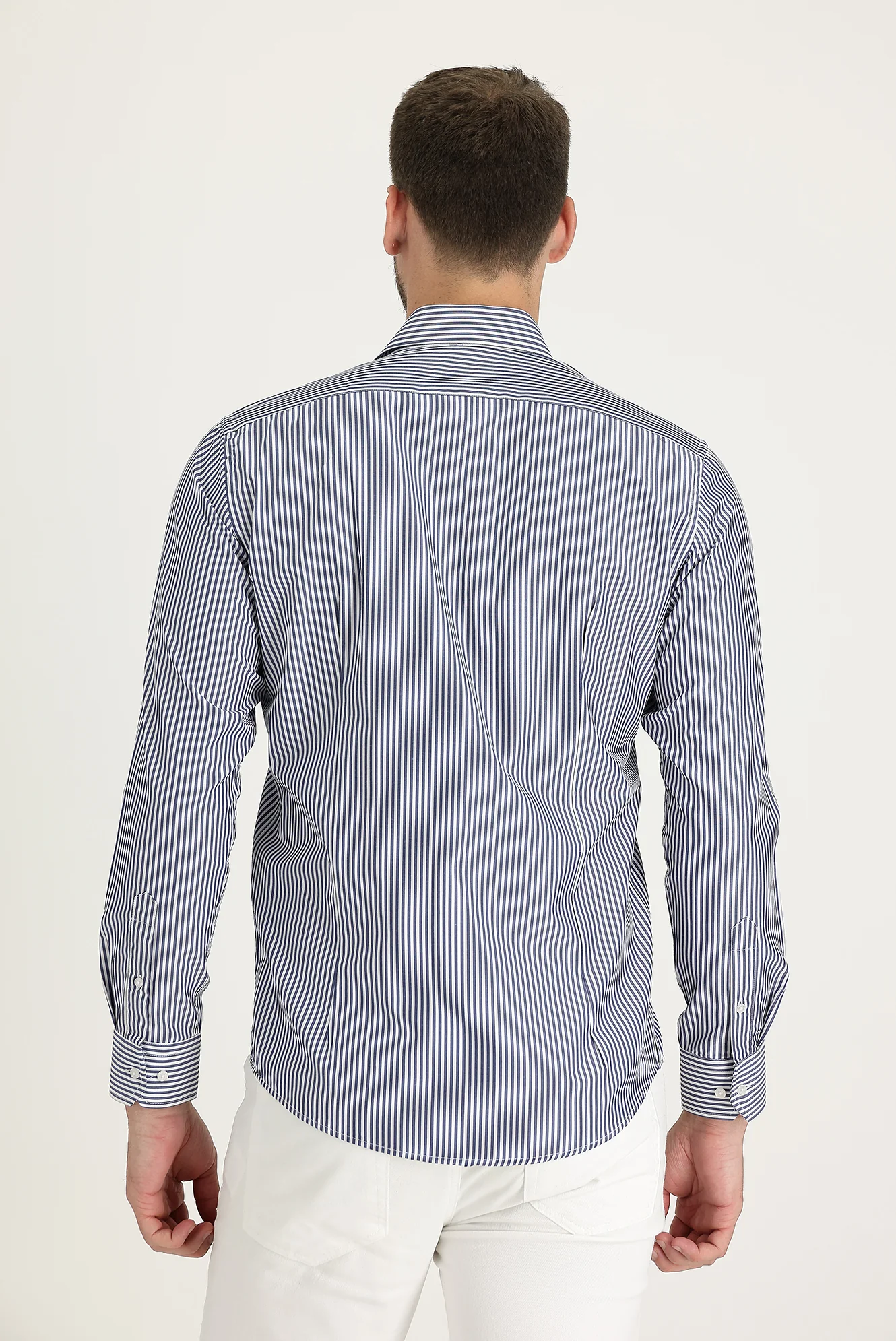 Orta Lacivert Uzun Kol Slim Fit Dar Kesim Klasik Çizgili Pamuklu Gömlek - Image 3