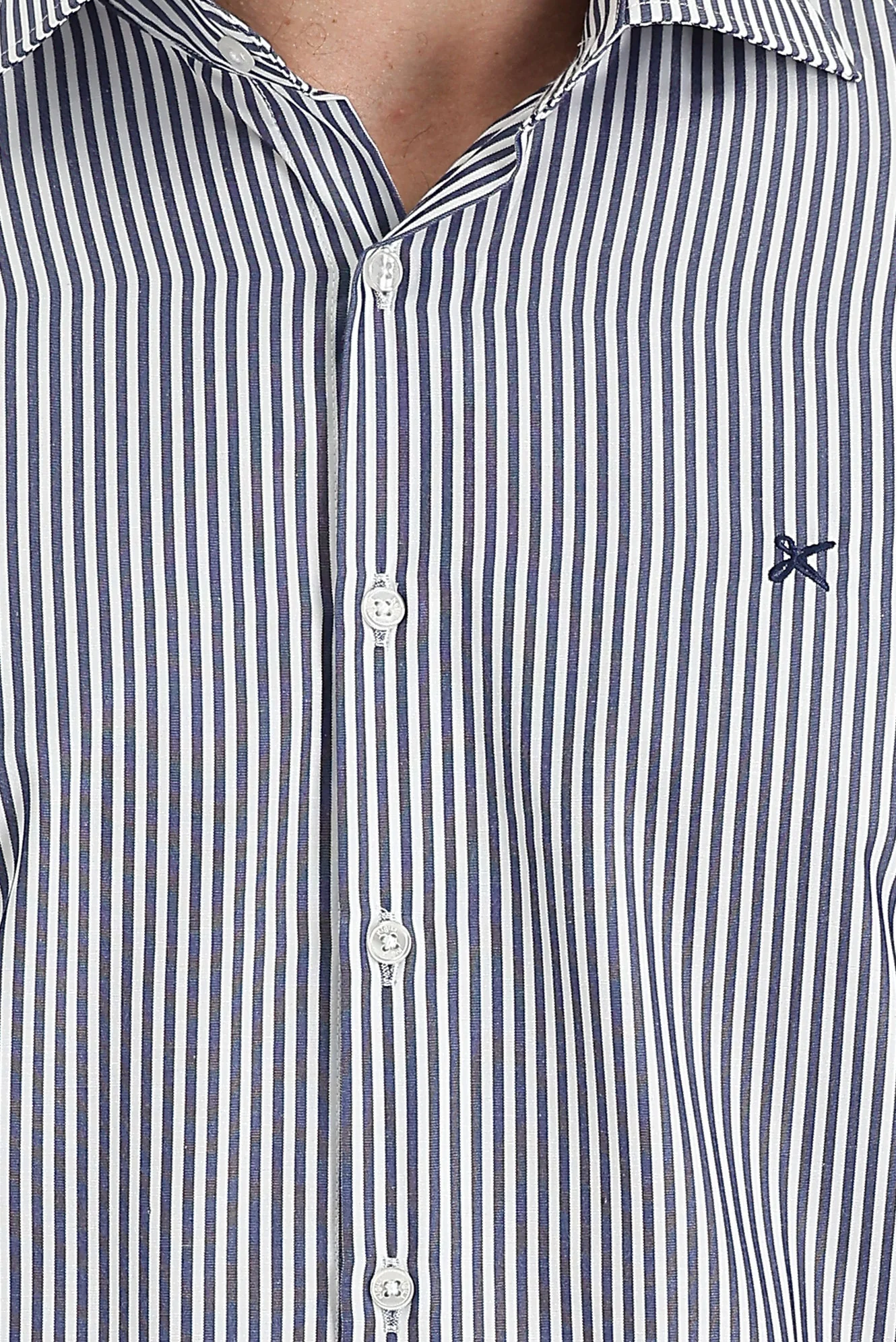 Orta Lacivert Uzun Kol Slim Fit Dar Kesim Klasik Çizgili Pamuklu Gömlek - Image 4