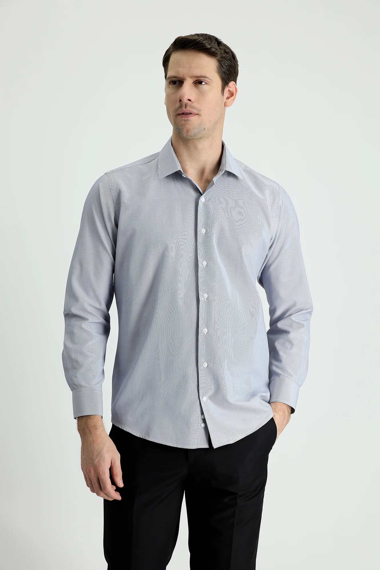 Orta Lacivert Uzun Kol Slim Fit Dar Kesim Klasik Çizgili Pamuklu Kolay Ütülenebilir Gömlek
