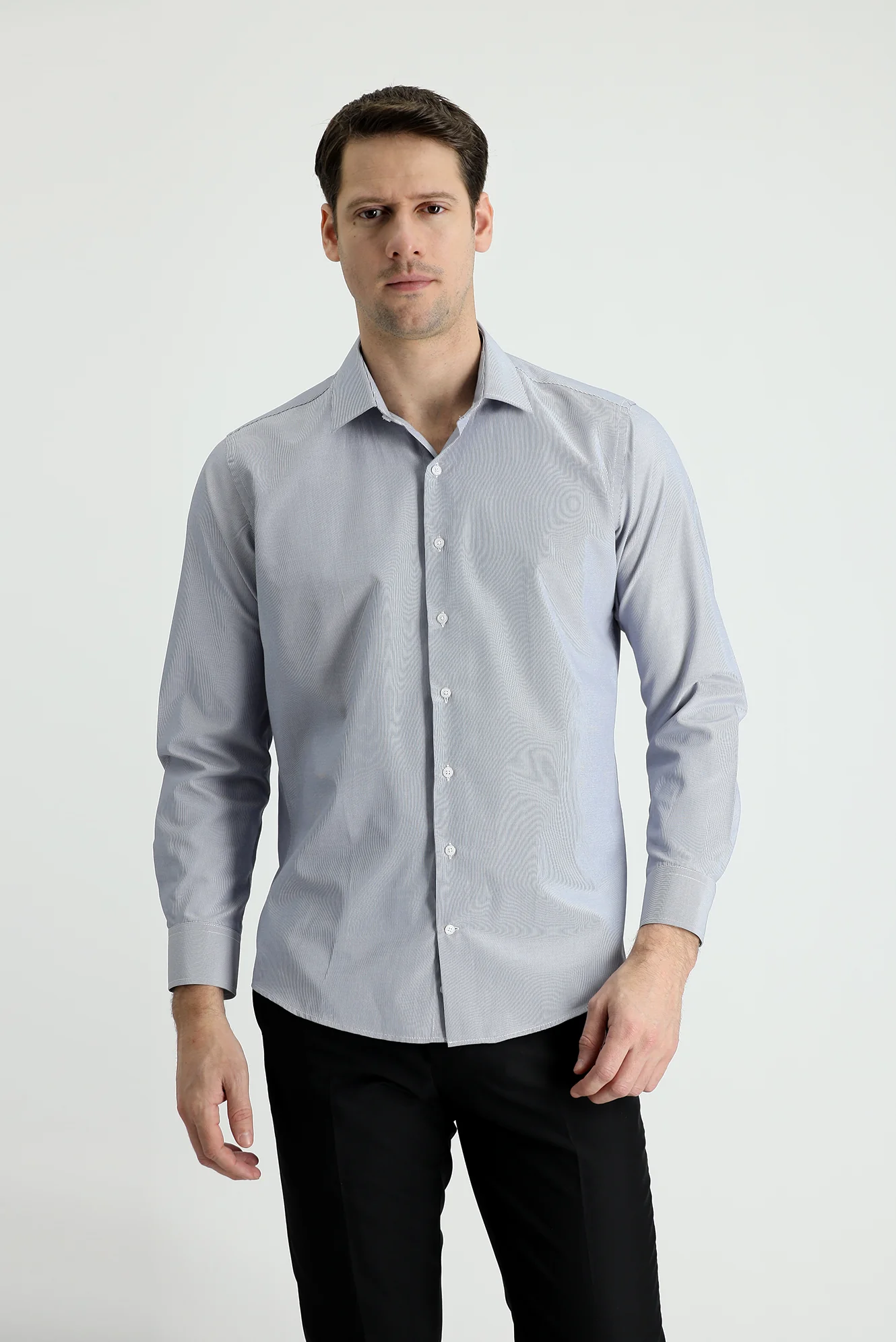 Orta Lacivert Uzun Kol Slim Fit Dar Kesim Klasik Çizgili Pamuklu Kolay Ütülenebilir Gömlek - Image 2