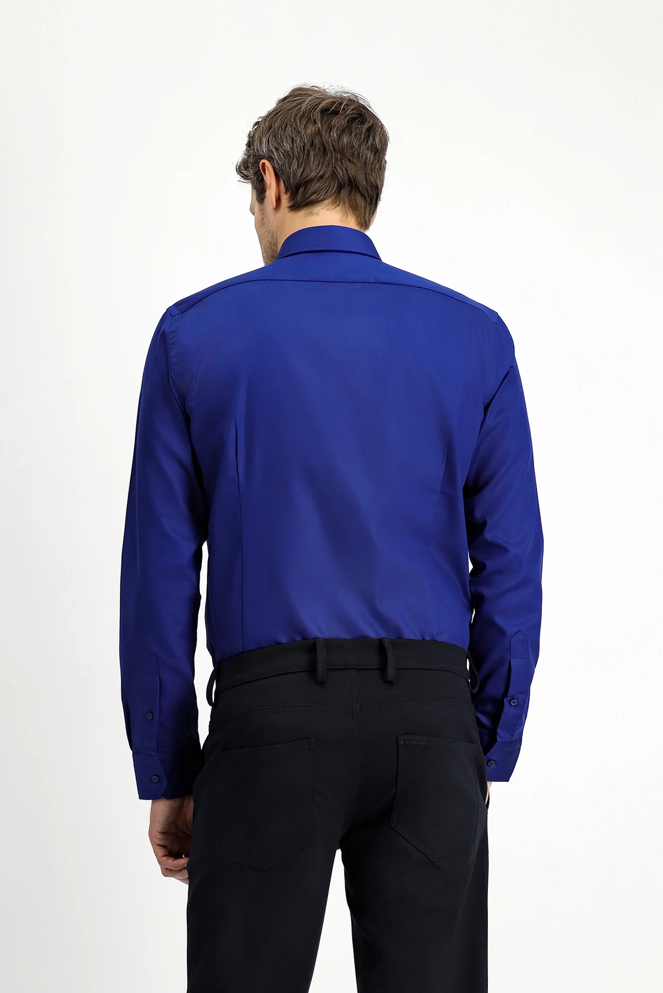 Orta Lacivert Uzun Kol Slim Fit Dar Kesim Klasik Non Iron Saten Pamuklu Gömlek - Image 4