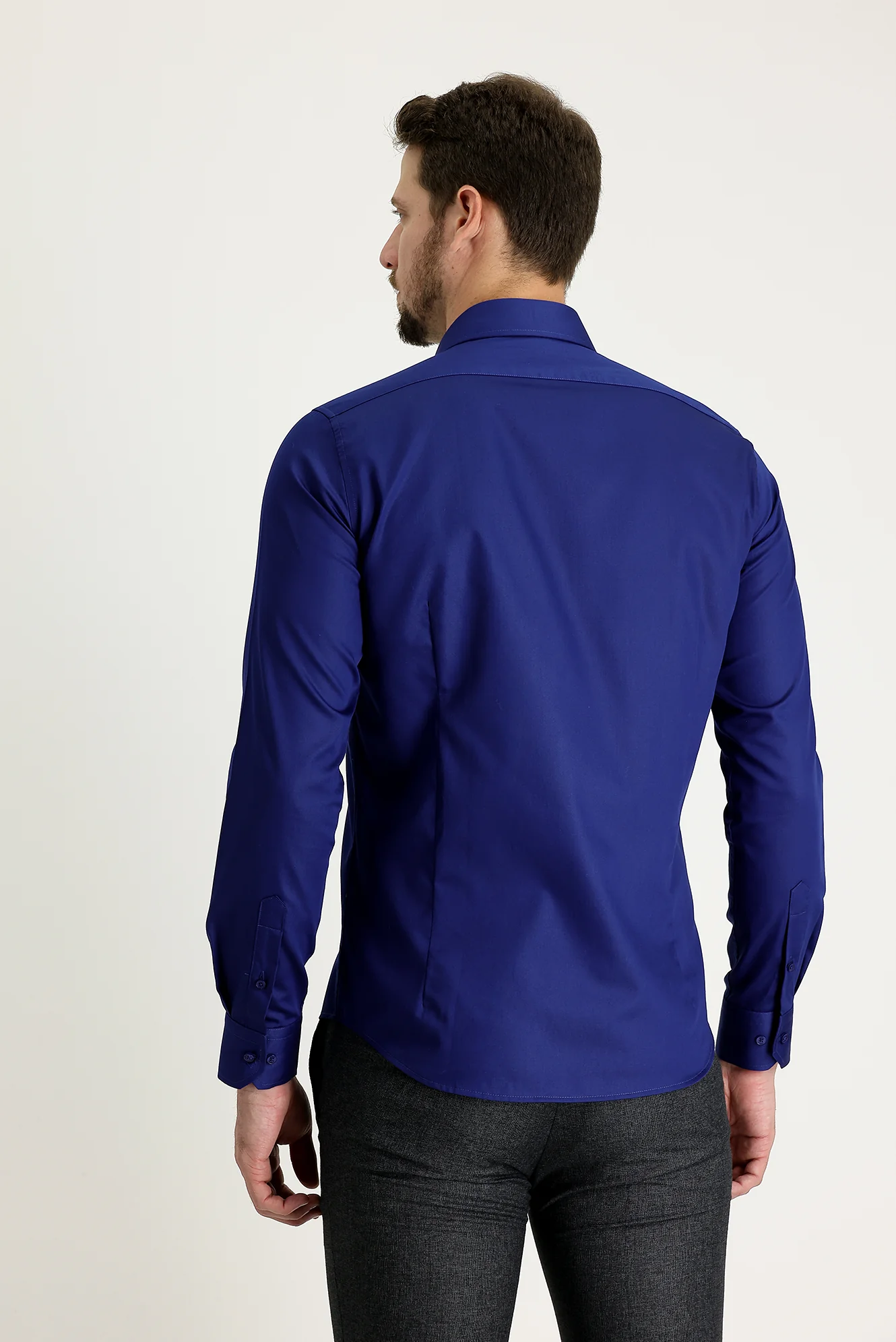 Orta Lacivert Uzun Kol Non Iron Slim Fit Dar Kesim Gömlek - Image 2
