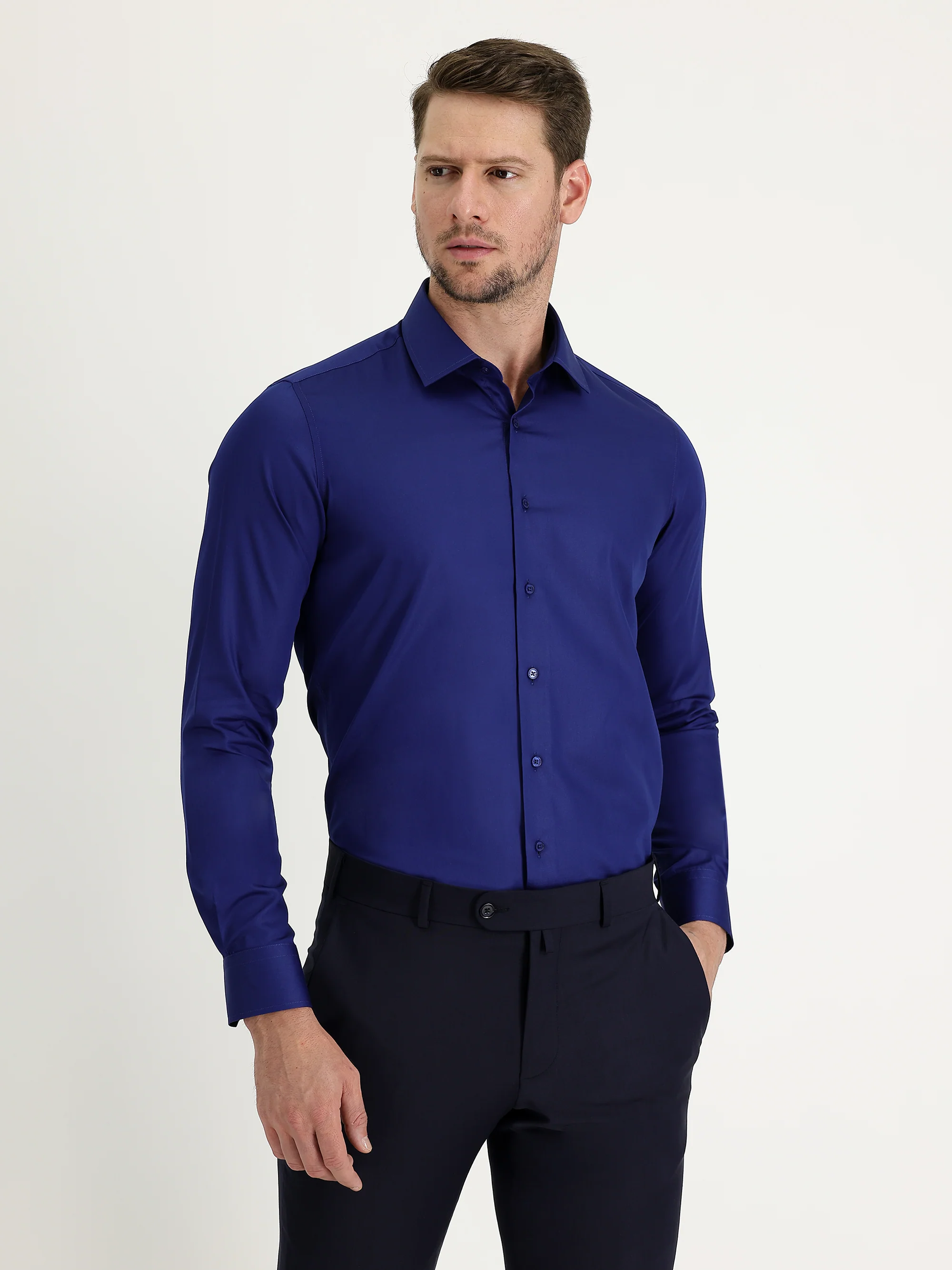 Orta Lacivert Uzun Kol Non Iron Slim Fit Dar Kesim Gömlek - Image 4