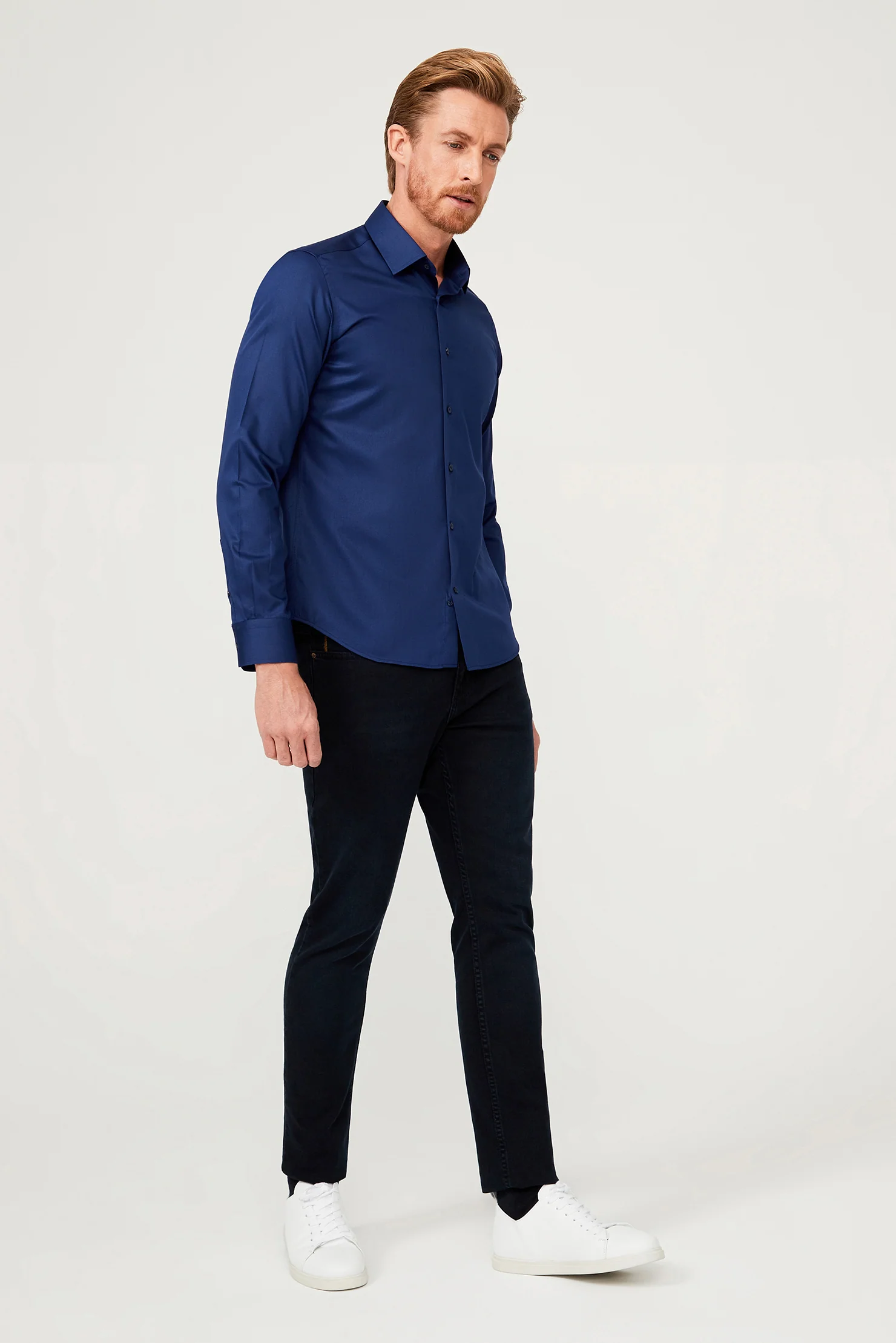Orta Lacivert Uzun Kol Non Iron Slim Fit Dar Kesim Gömlek - Image 7