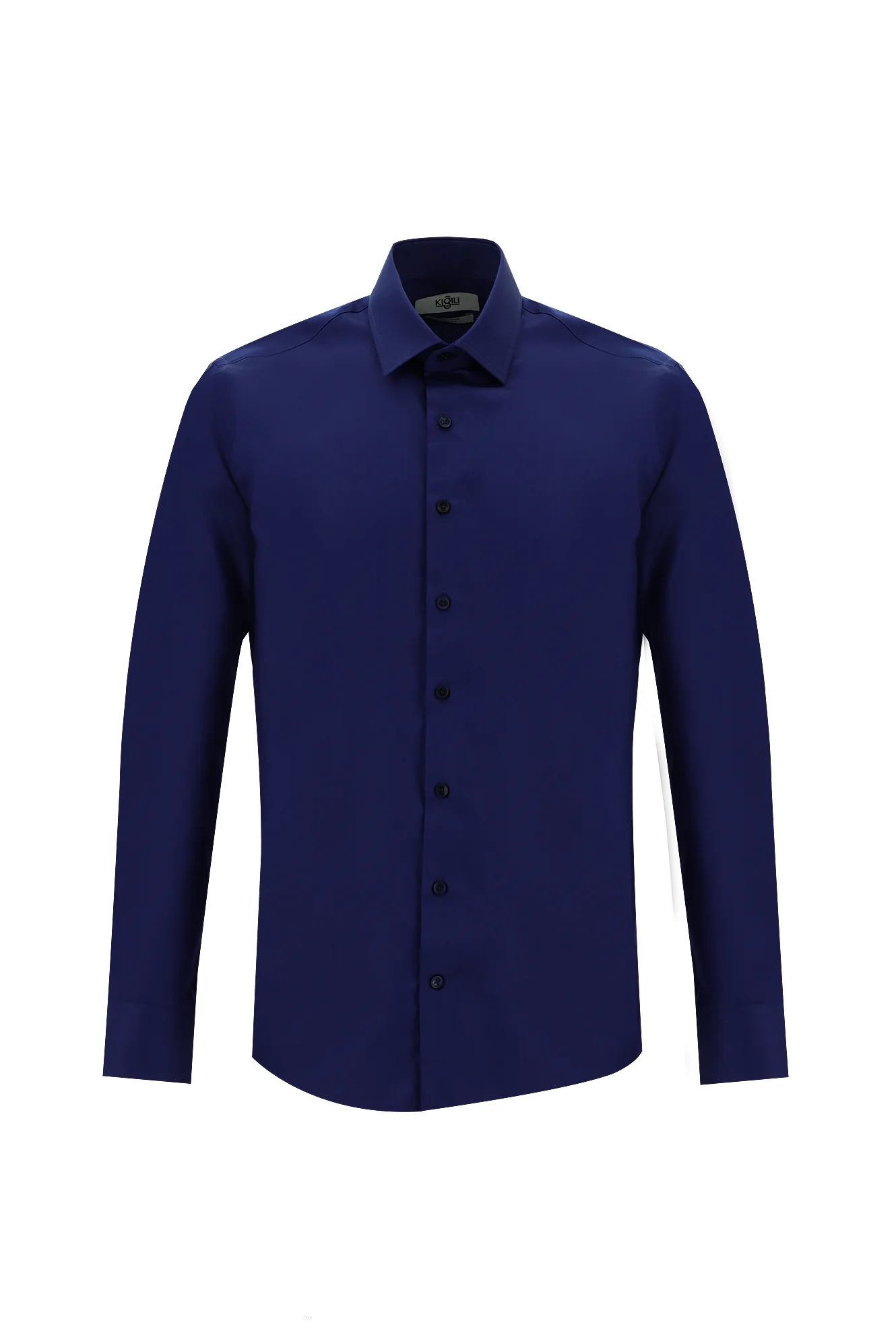 Orta Lacivert Uzun Kol Slim Fit Dar Kesim Non Iron Saten Pamuklu Gömlek
