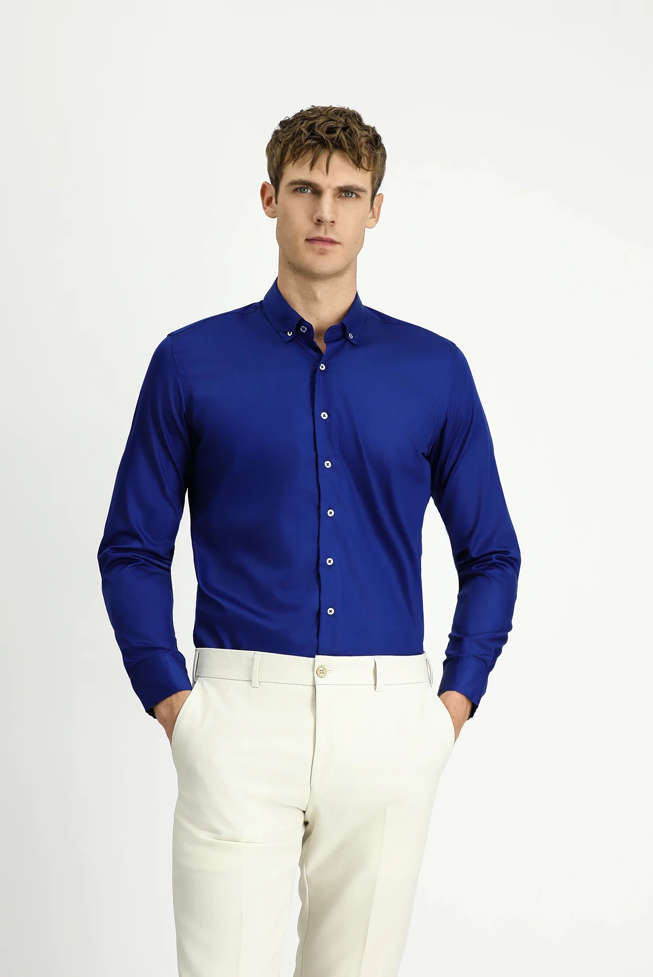 Orta Lacivert Uzun Kol Slim Fit Dar Kesim Non Iron Ütü Gerektirmeyen Pamuklu Düğmeli Yaka Gömlek - Image 4