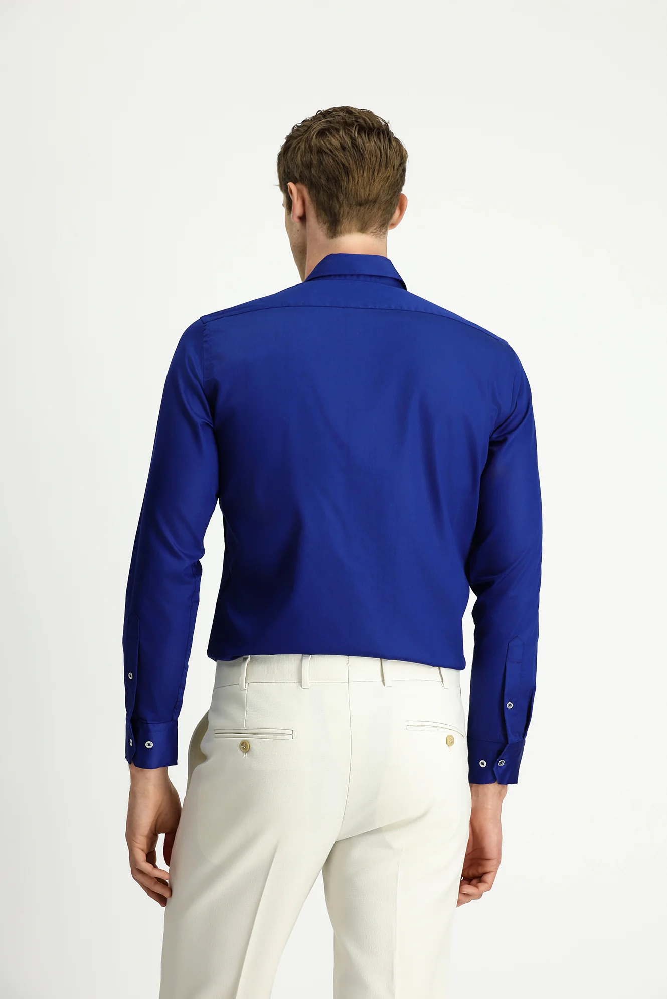 Orta Lacivert Uzun Kol Slim Fit Dar Kesim Non Iron Ütü Gerektirmeyen Pamuklu Düğmeli Yaka Gömlek - Image 5