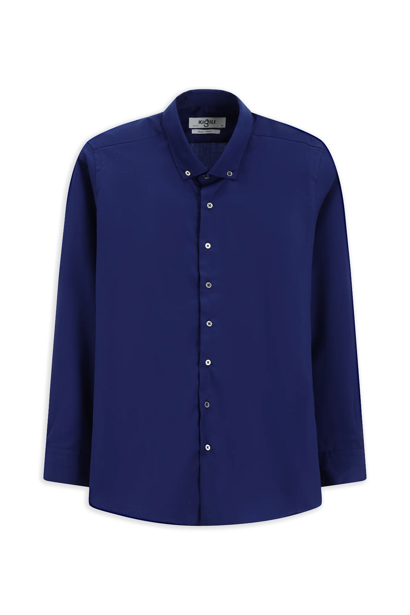 Orta Lacivert Uzun Kol Slim Fit Dar Kesim Non Iron Ütü Gerektirmeyen Pamuklu Düğmeli Yaka Gömlek - Image 7