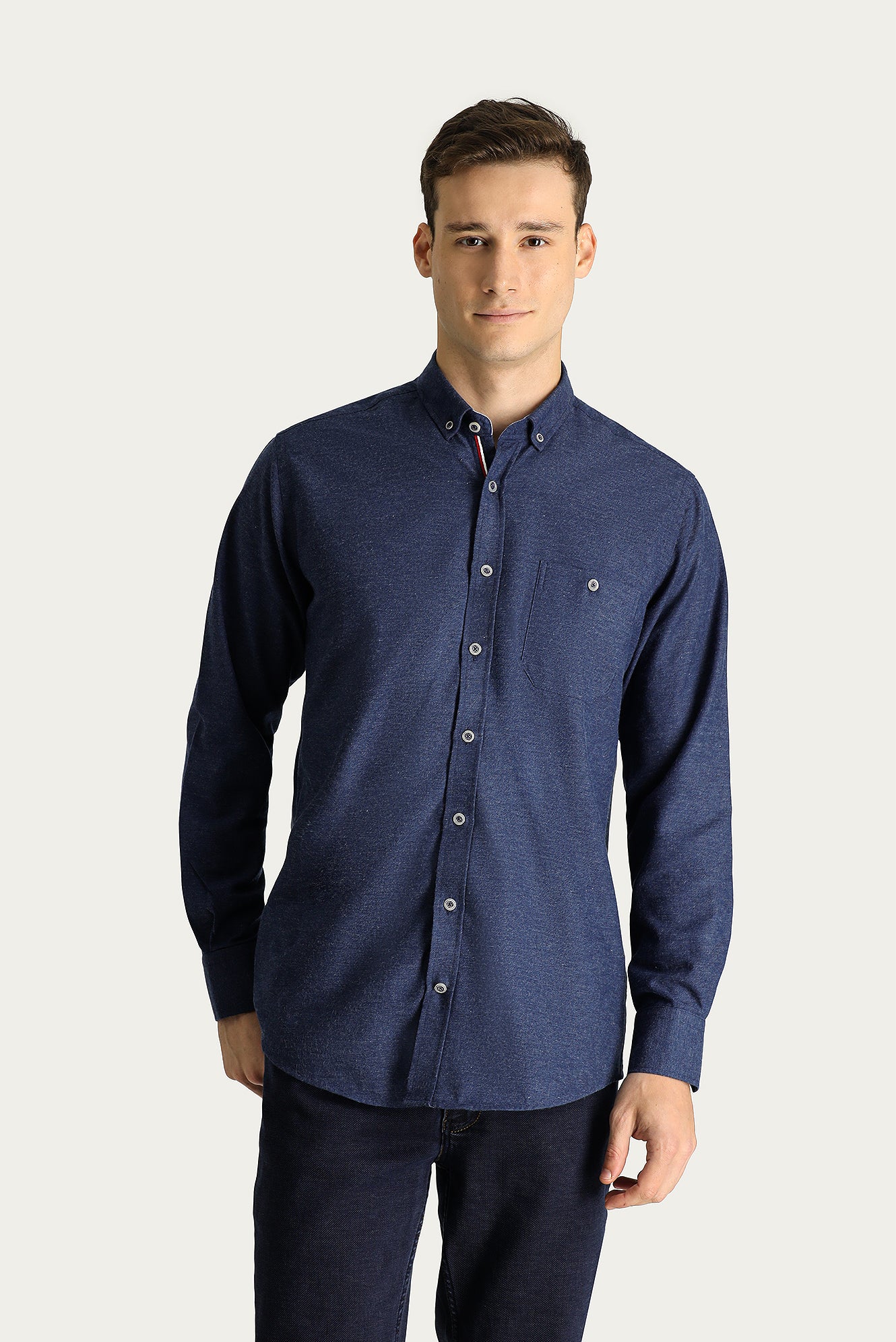 Orta Lacivert Uzun Kol Slim Fit Dar Kesim Oduncu Spor Pamuklu Düğmeli Yaka Gömlek - Image 3