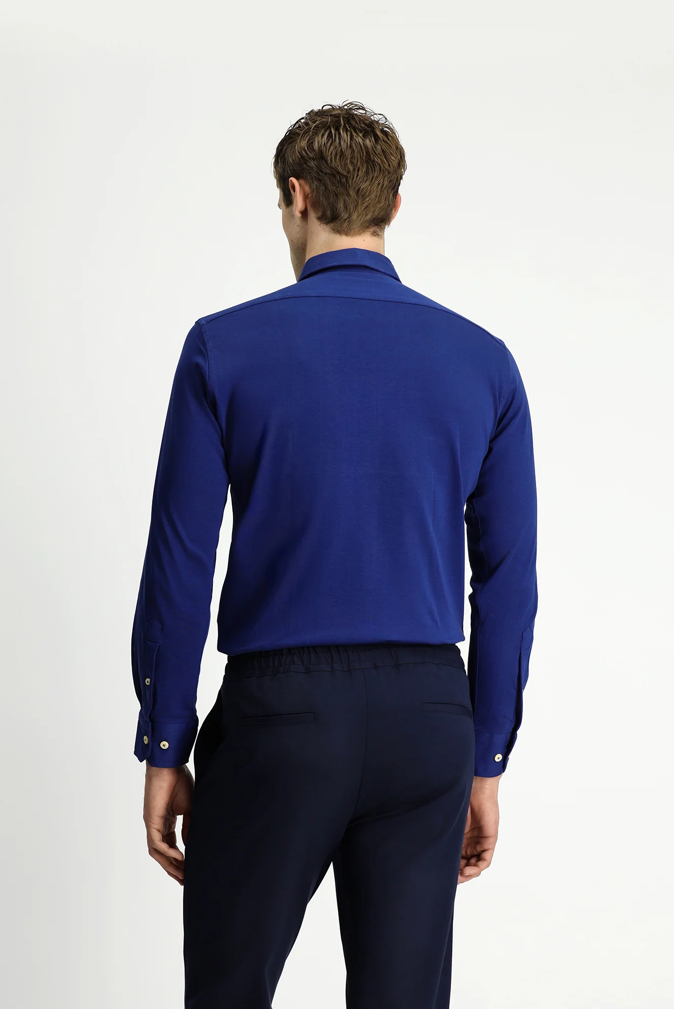 Orta Lacivert Uzun Kol Slim Fit Dar Kesim Örme Pamuk Gömlek - Image 5
