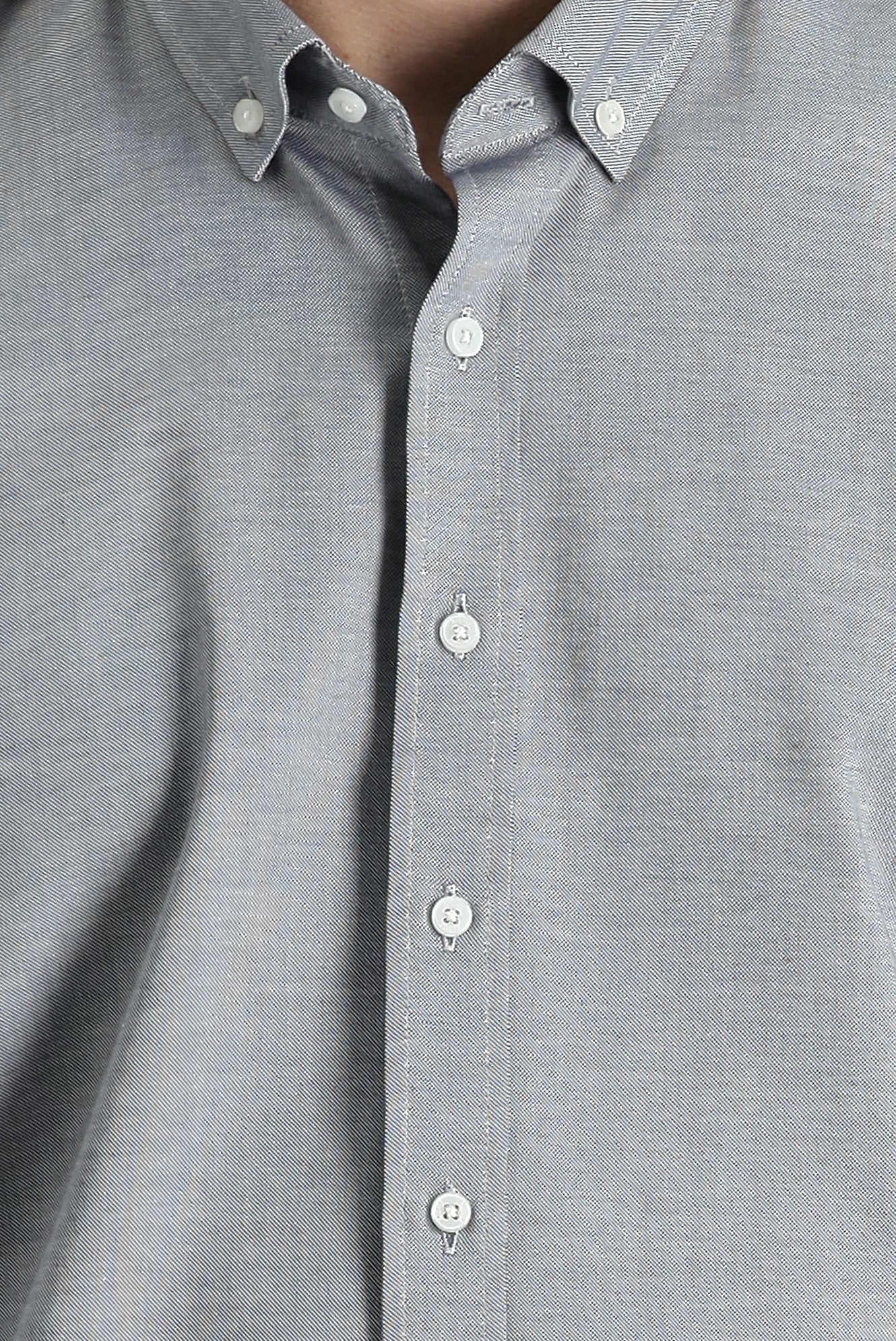 Orta Lacivert Uzun Kol Slim Fit Dar Kesim Oxford Pamuk Düğmeli Yaka Gömlek - Image 3