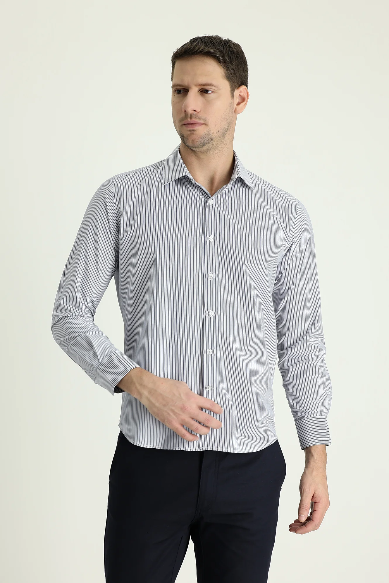 Orta Lacivert Uzun Kol Slim Fit Dar Kesim Spor Çizgili Gömlek - Image 2
