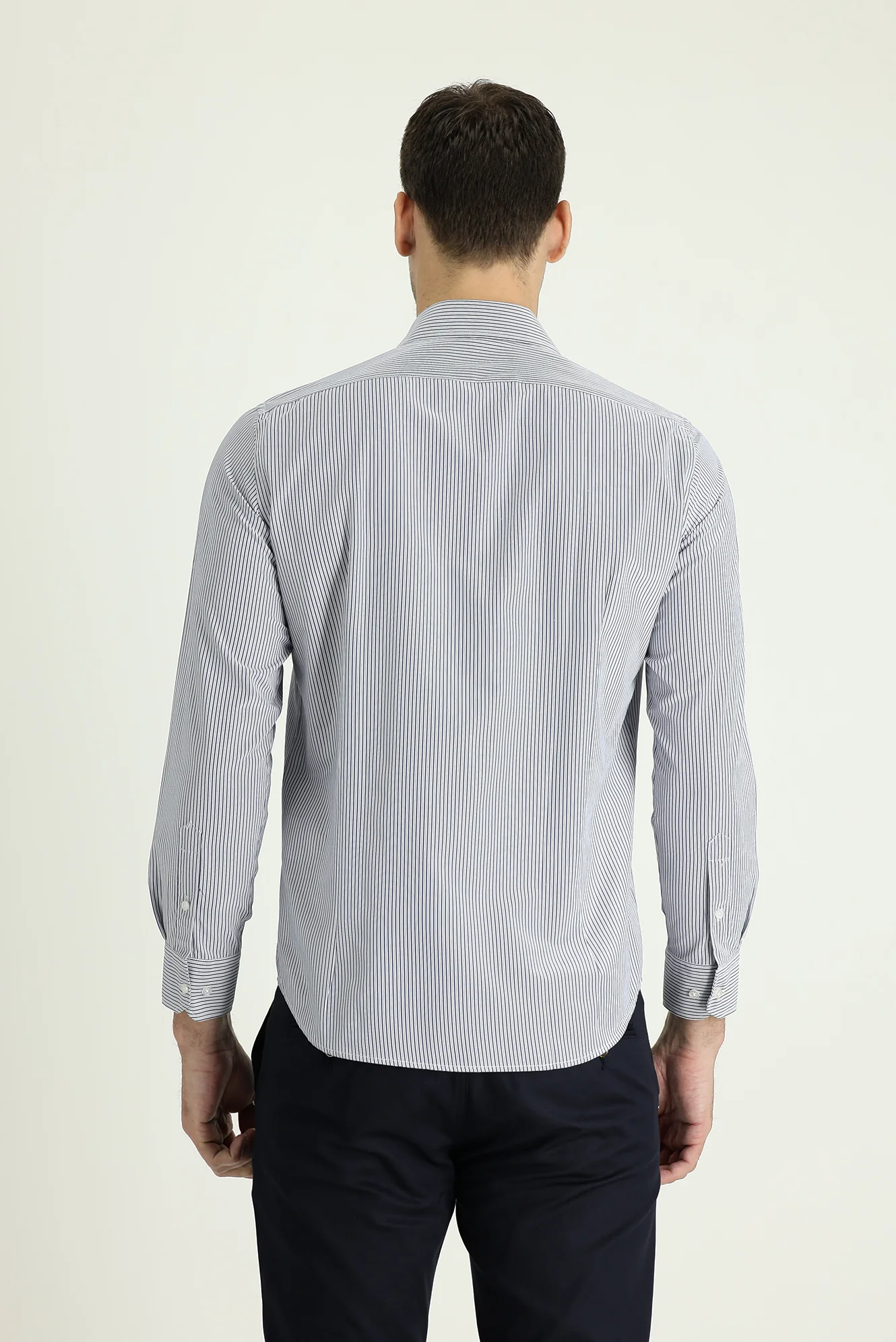 Orta Lacivert Uzun Kol Slim Fit Dar Kesim Spor Çizgili Gömlek - Image 3