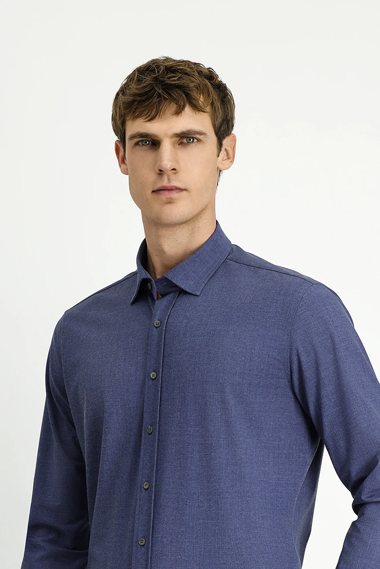Orta Lacivert Uzun Kol Slim Fit Dar Kesim Pamuklu Gömlek - Image 3