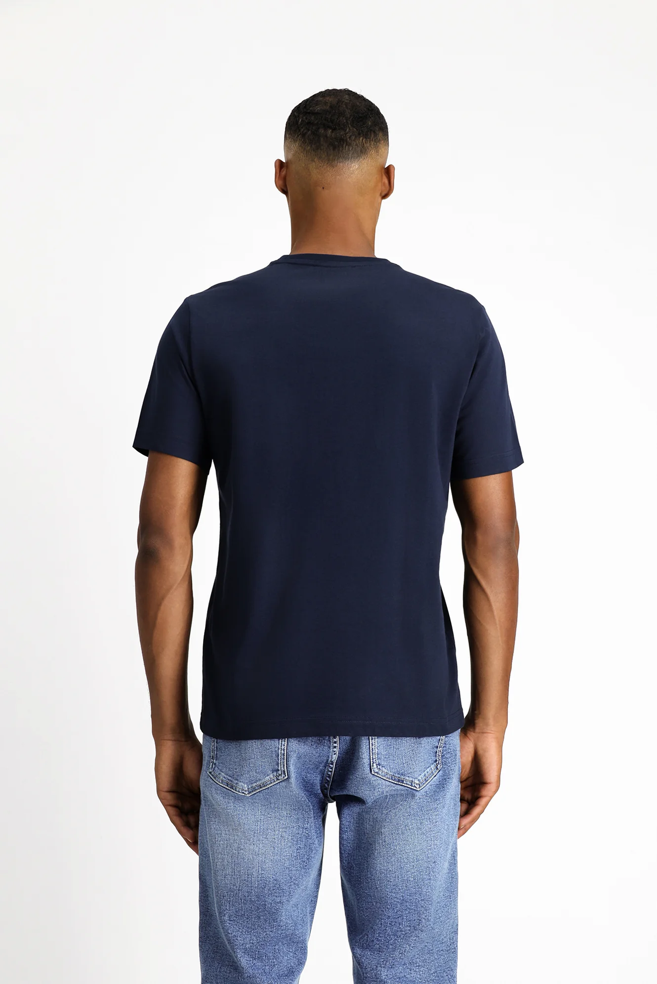 Orta Lacivert V Yaka Slim Fit Dar Kesim Süprem Pamuklu Basic Tişört - Image 4