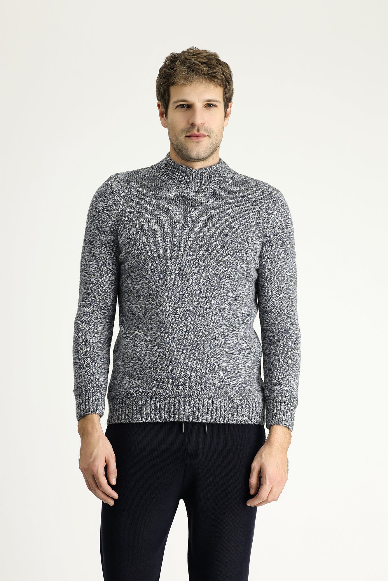 Orta Lacivert Yarım Balıkçı Yaka Slim Fit Desenli Alpaka Yünlü Triko Kazak - Image 3