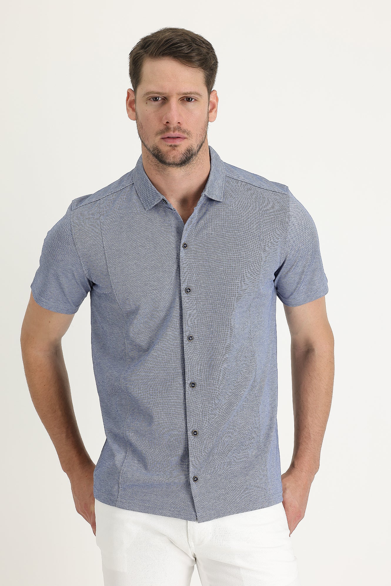 Orta Lacivert Yarım İtalyan Yaka Slim Fit Dar Kesim Tişört - Image 2