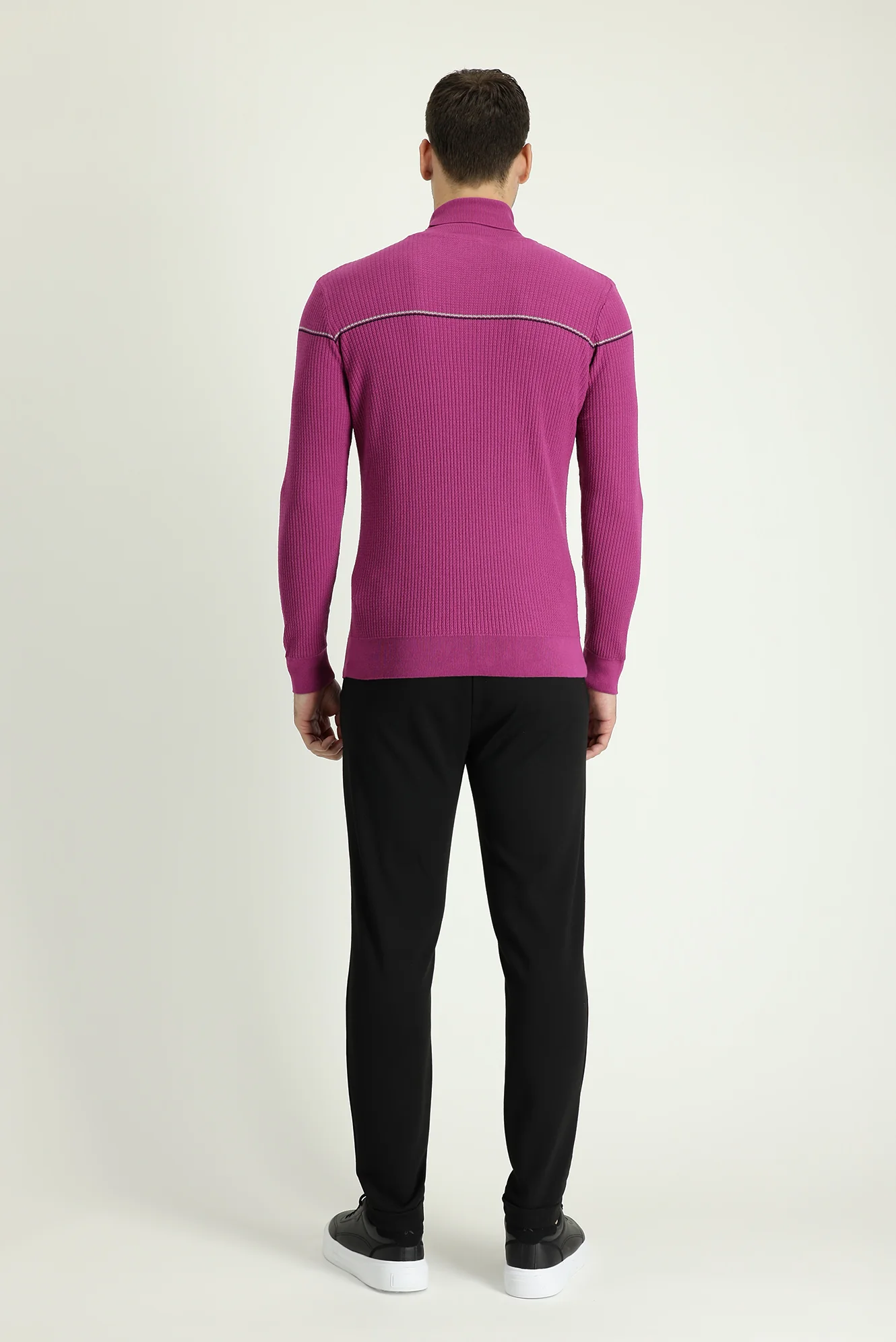 Orta Mor Balıkçı Yaka Slim Fit Dar Kesim Desenli Pamuklu Triko Kazak - Image 3